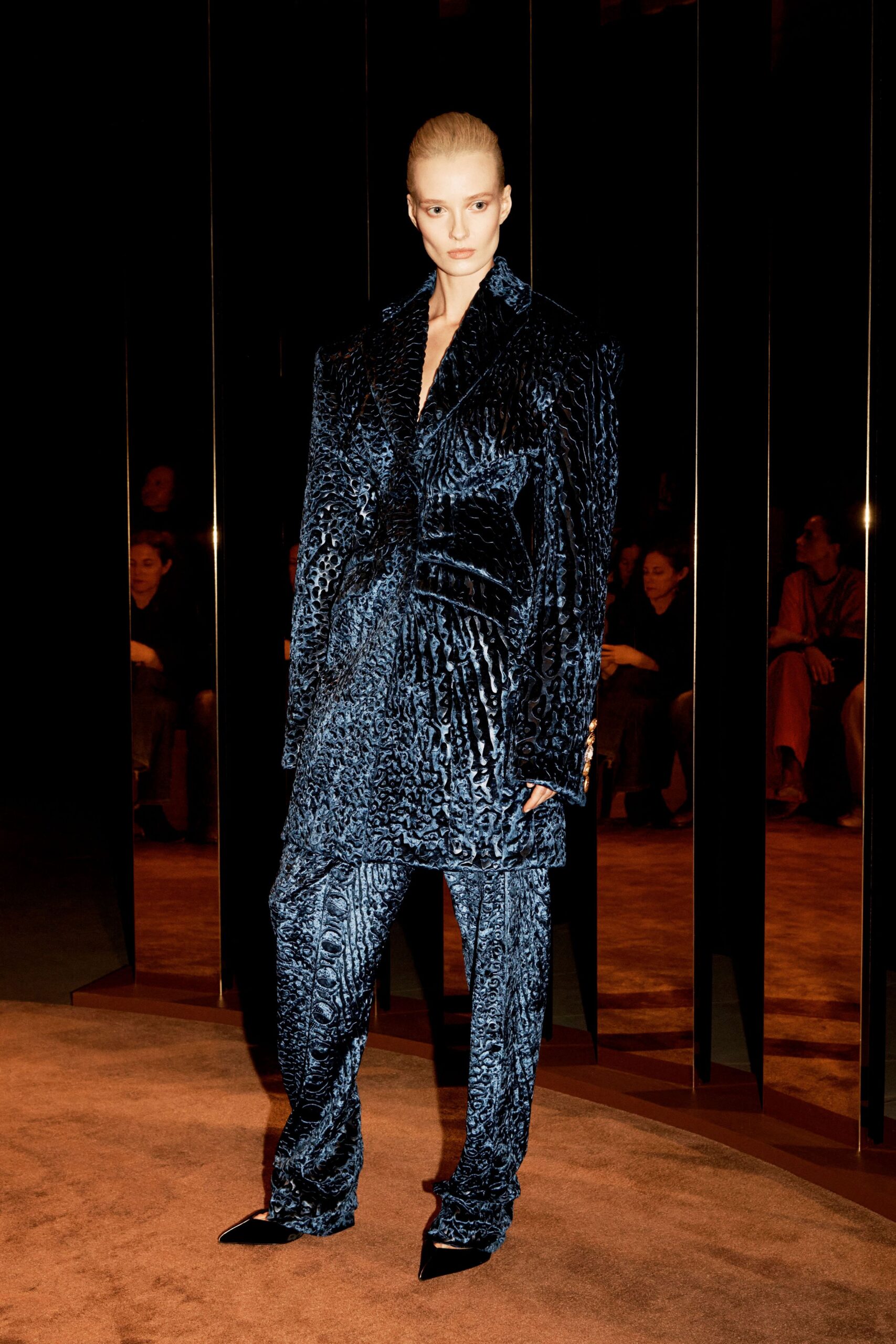 blue velvet long-sleeve collared relaxed textured suit