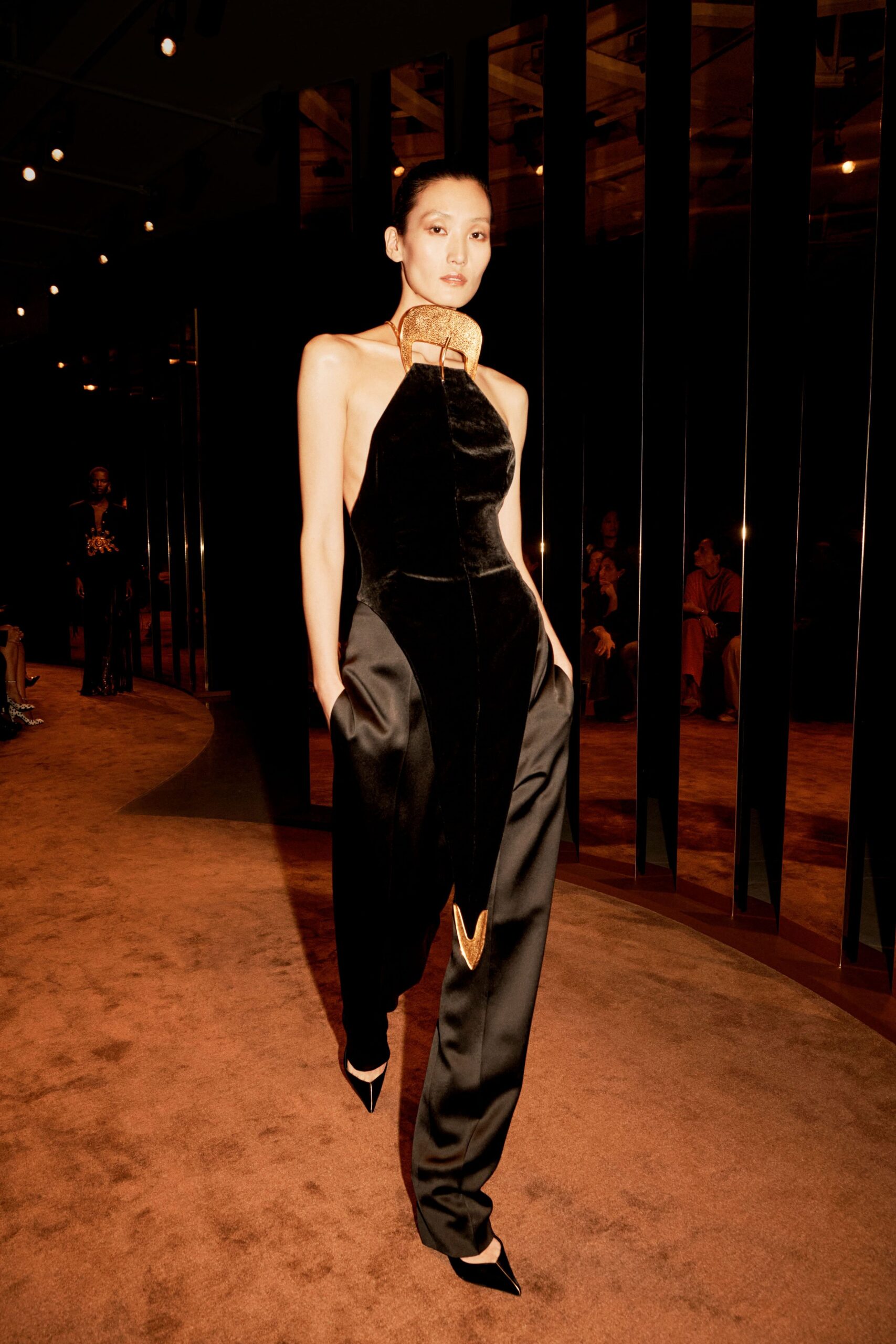 black velvet sleeveless high-neck fitted pleated pockets jumpsuit