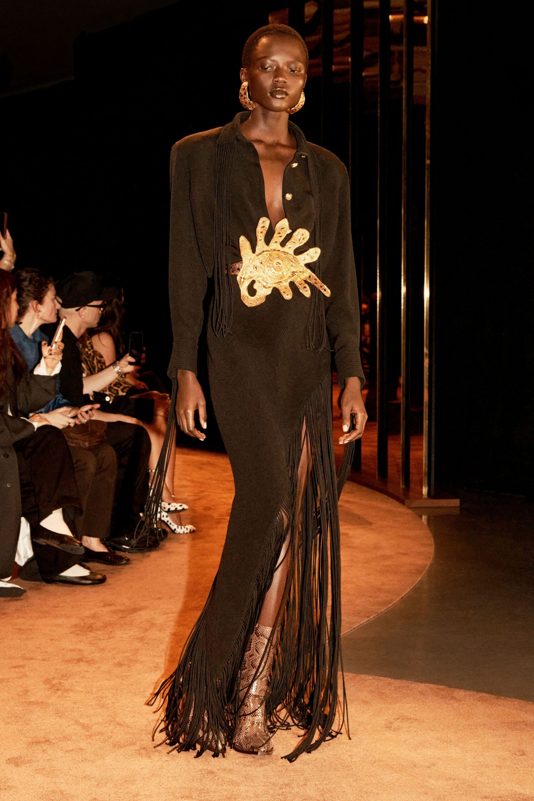black wool long-sleeve v-neck fitted fringed embroidered dress