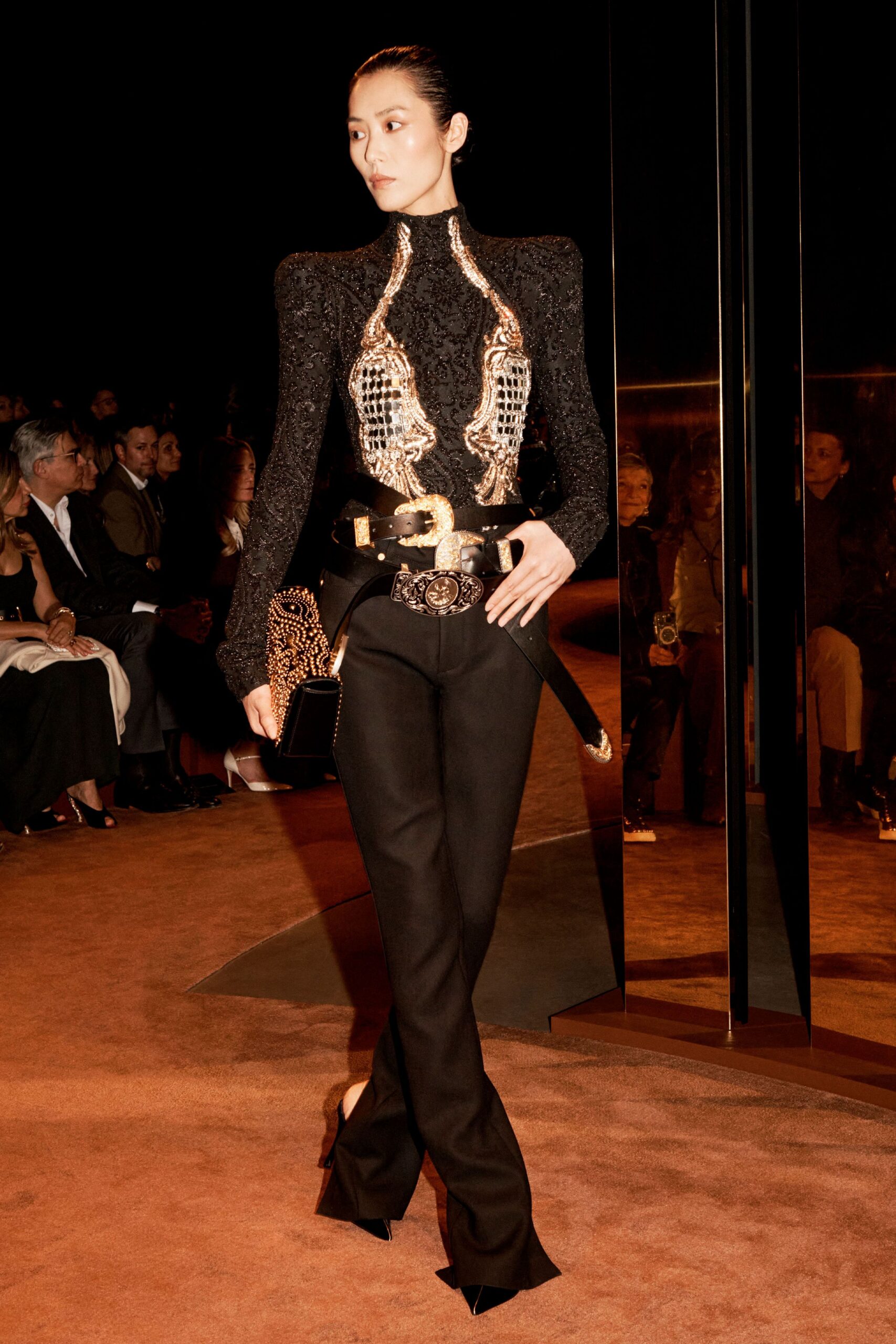 black silk long-sleeve high-neck fitted structured embroidered top
