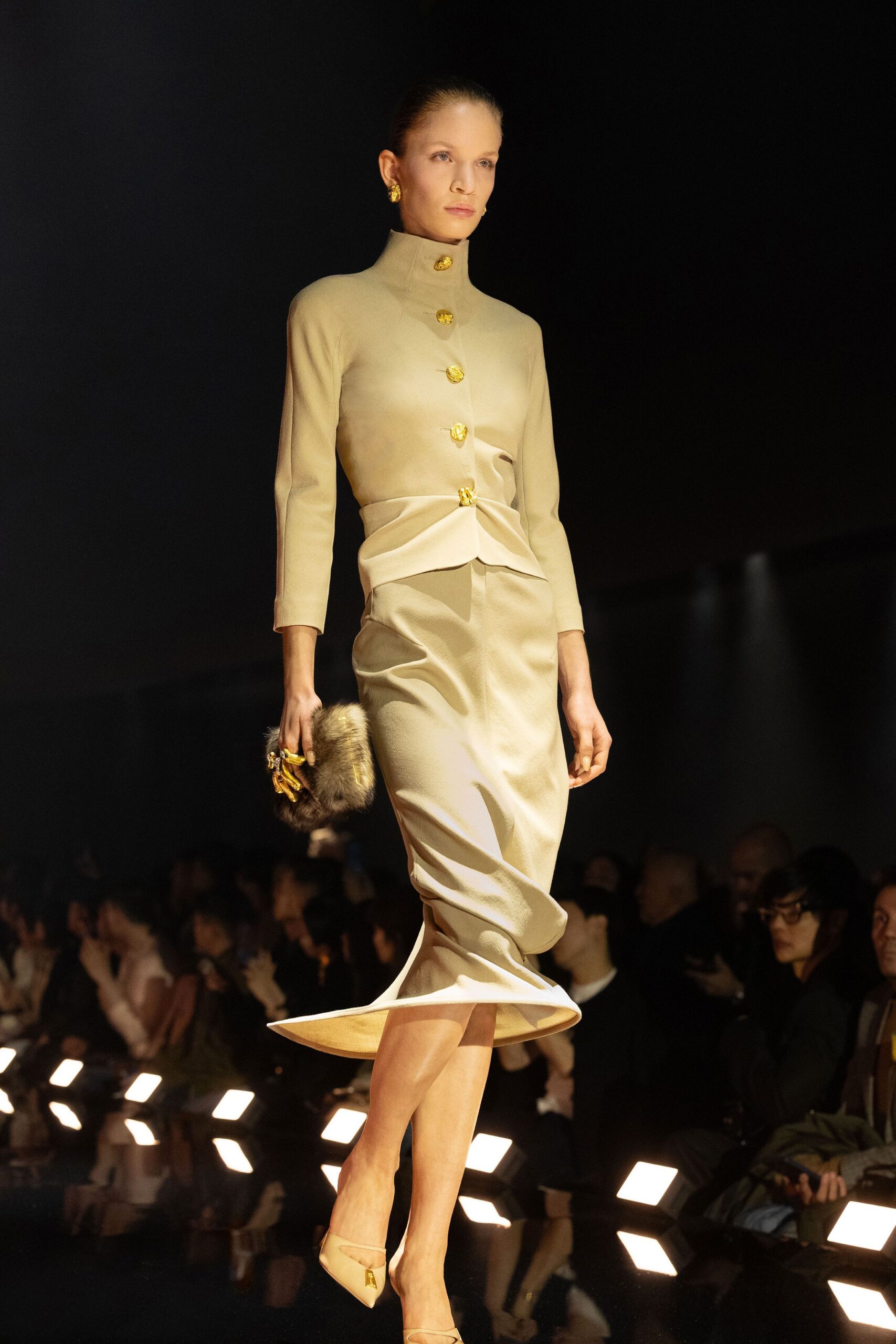 beige silk long-sleeve high-neck fitted buttoned draped dress