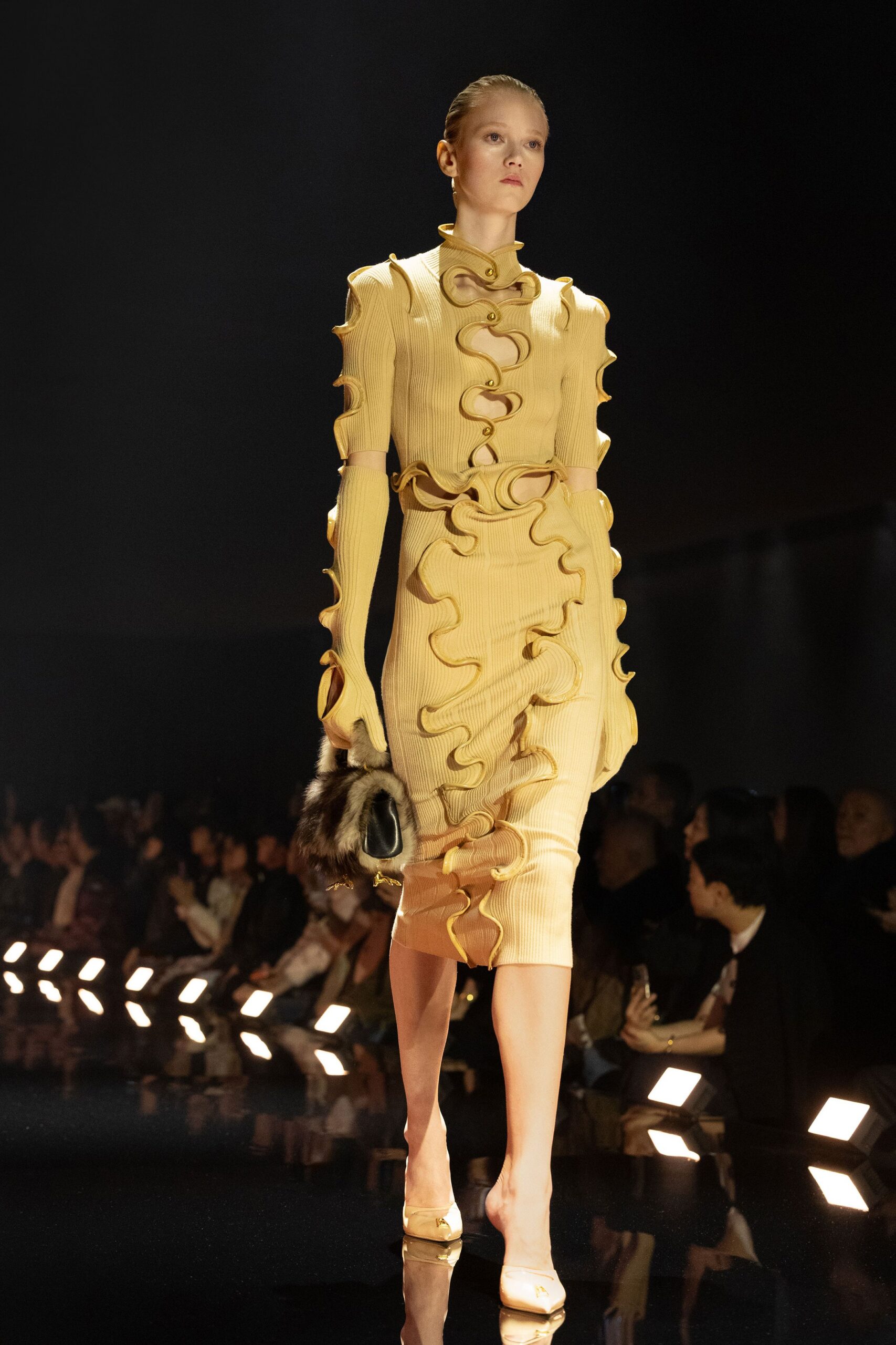 yellow knit long-sleeve high-neck fitted ruched tiered dress