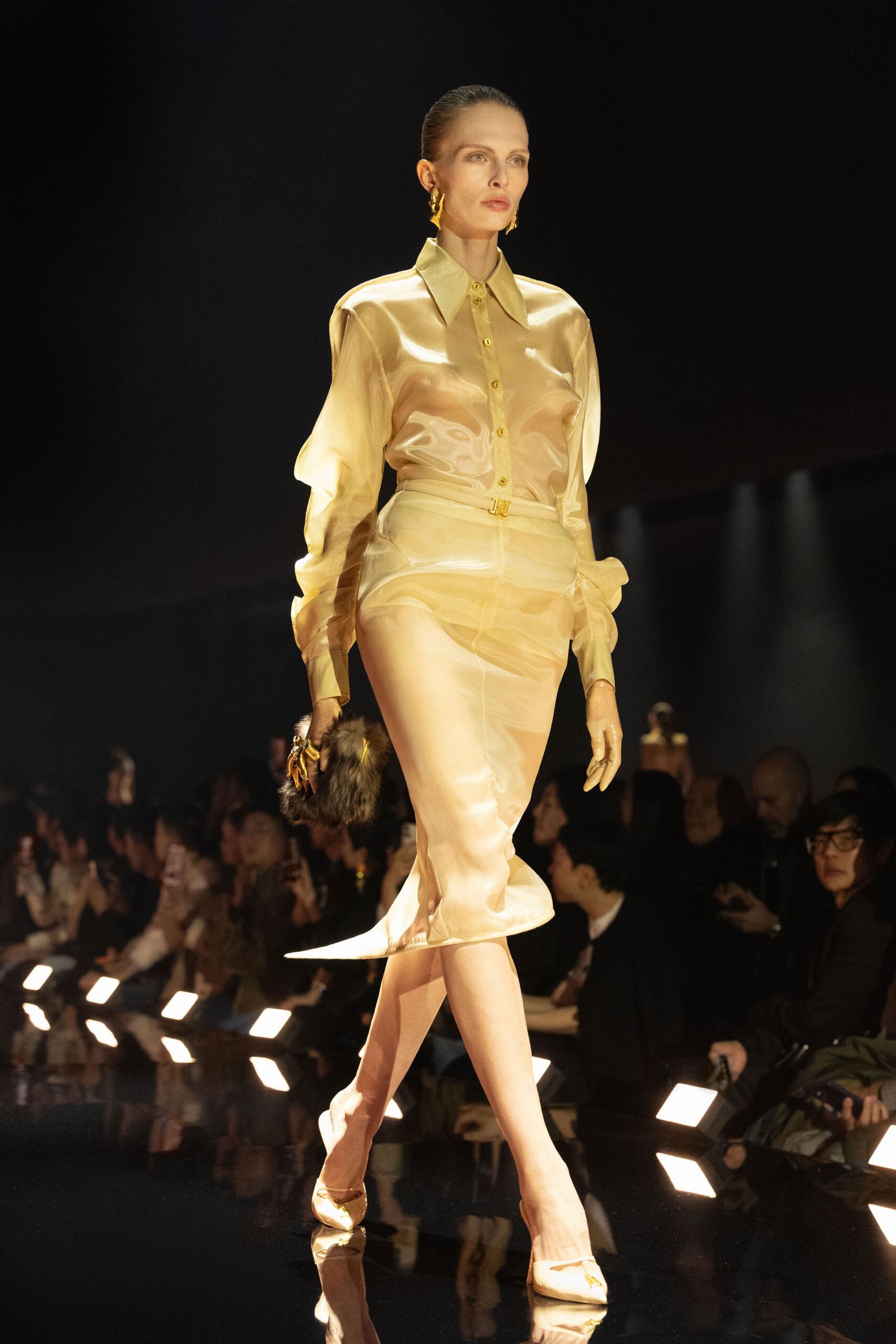 gold silk long-sleeve collared fitted buttoned blouse