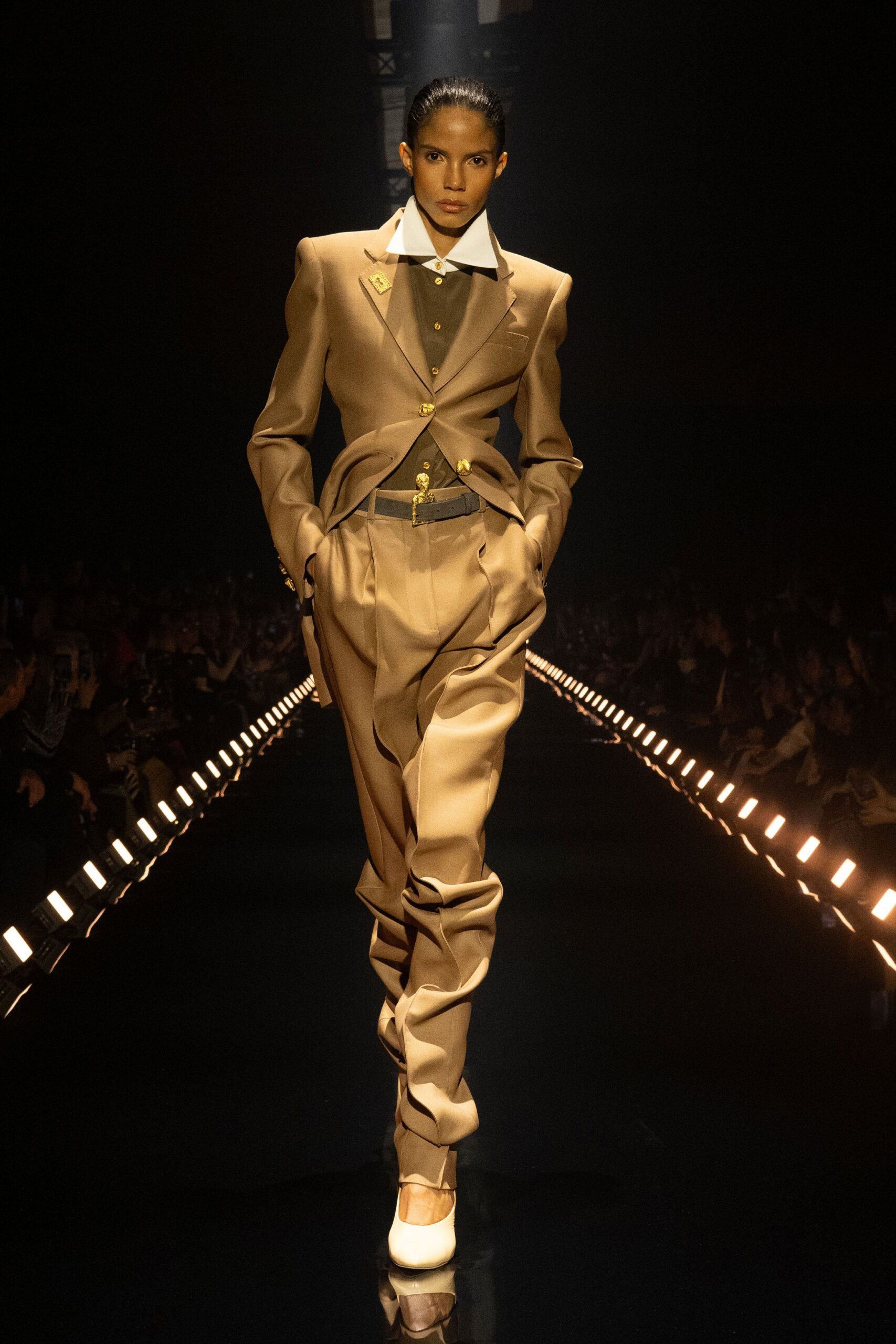 beige wool tailored straight-leg pants