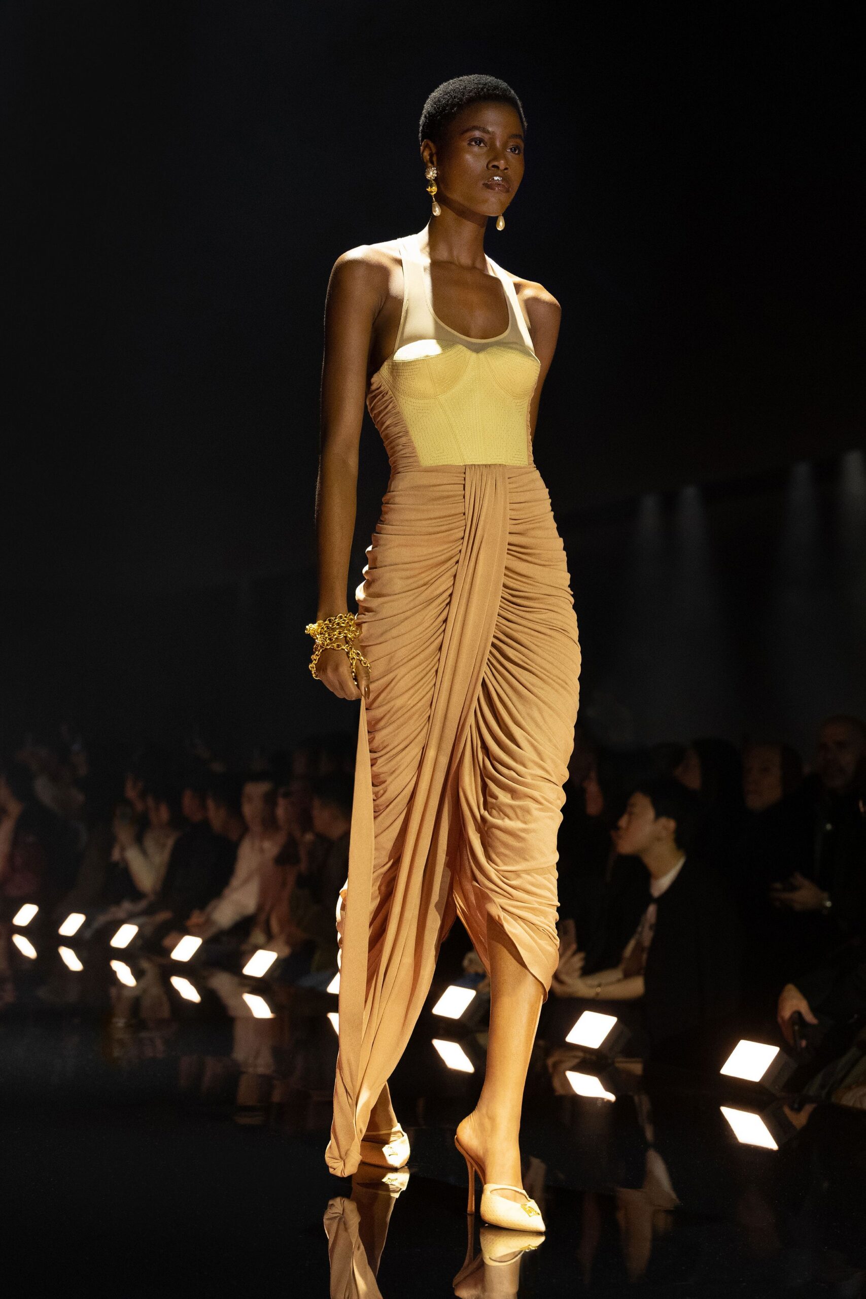 beige silk sleeveless gown