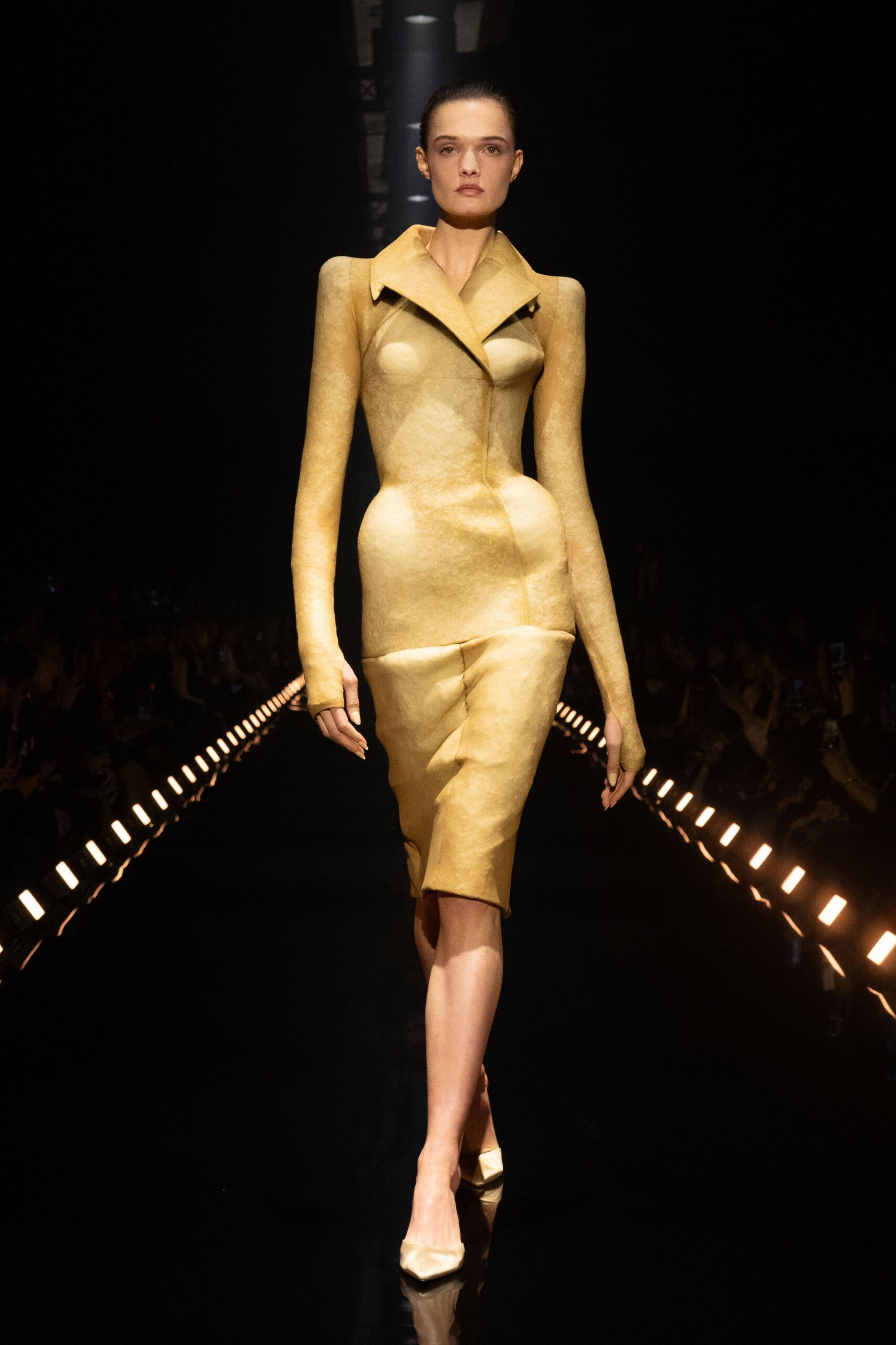 yellow silk long-sleeve collared fitted structured midi dress