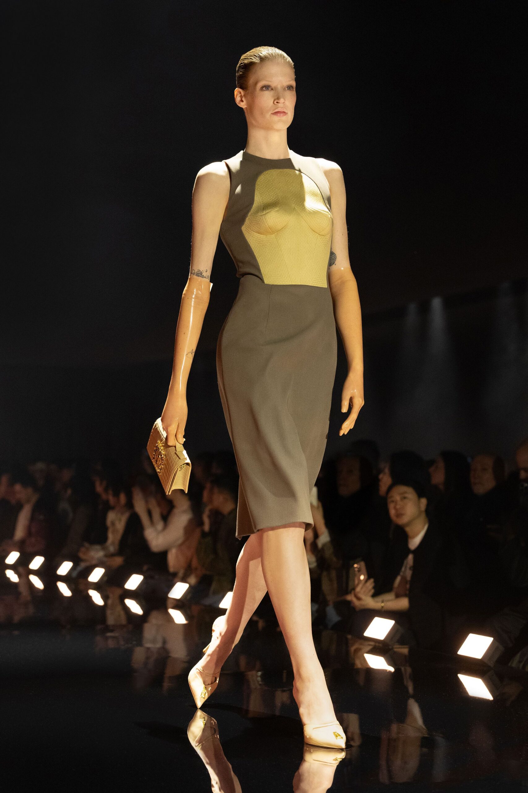 gray silk sleeveless high-neck fitted pencil midi dress