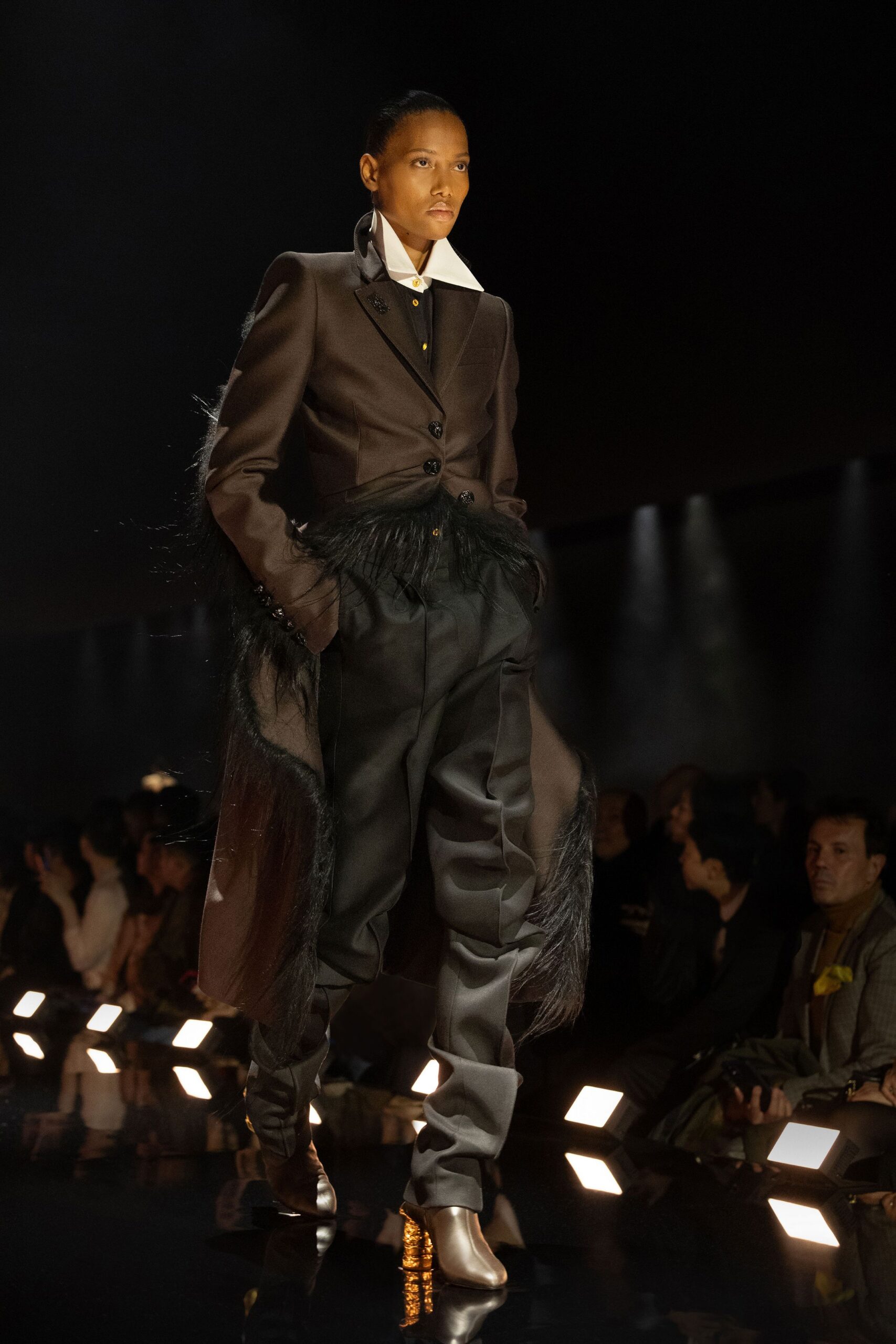 brown wool long-sleeve collared structured buttoned blazer