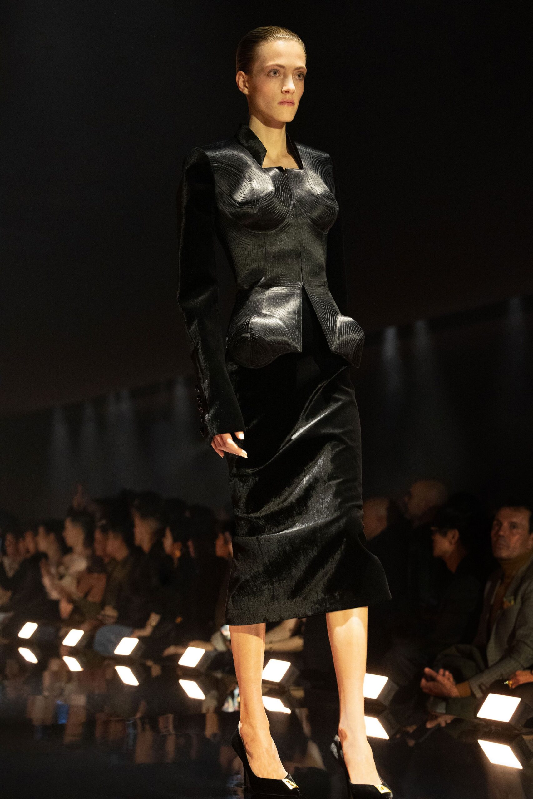 black fitted blazer and pencil skirt