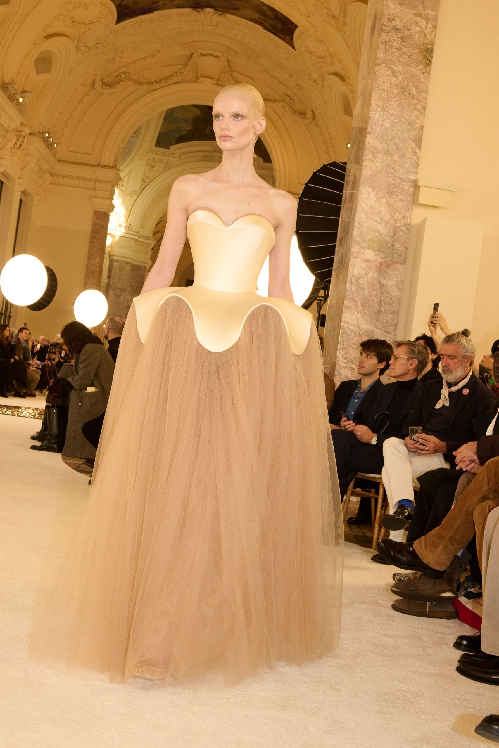 beige gold strapless gown