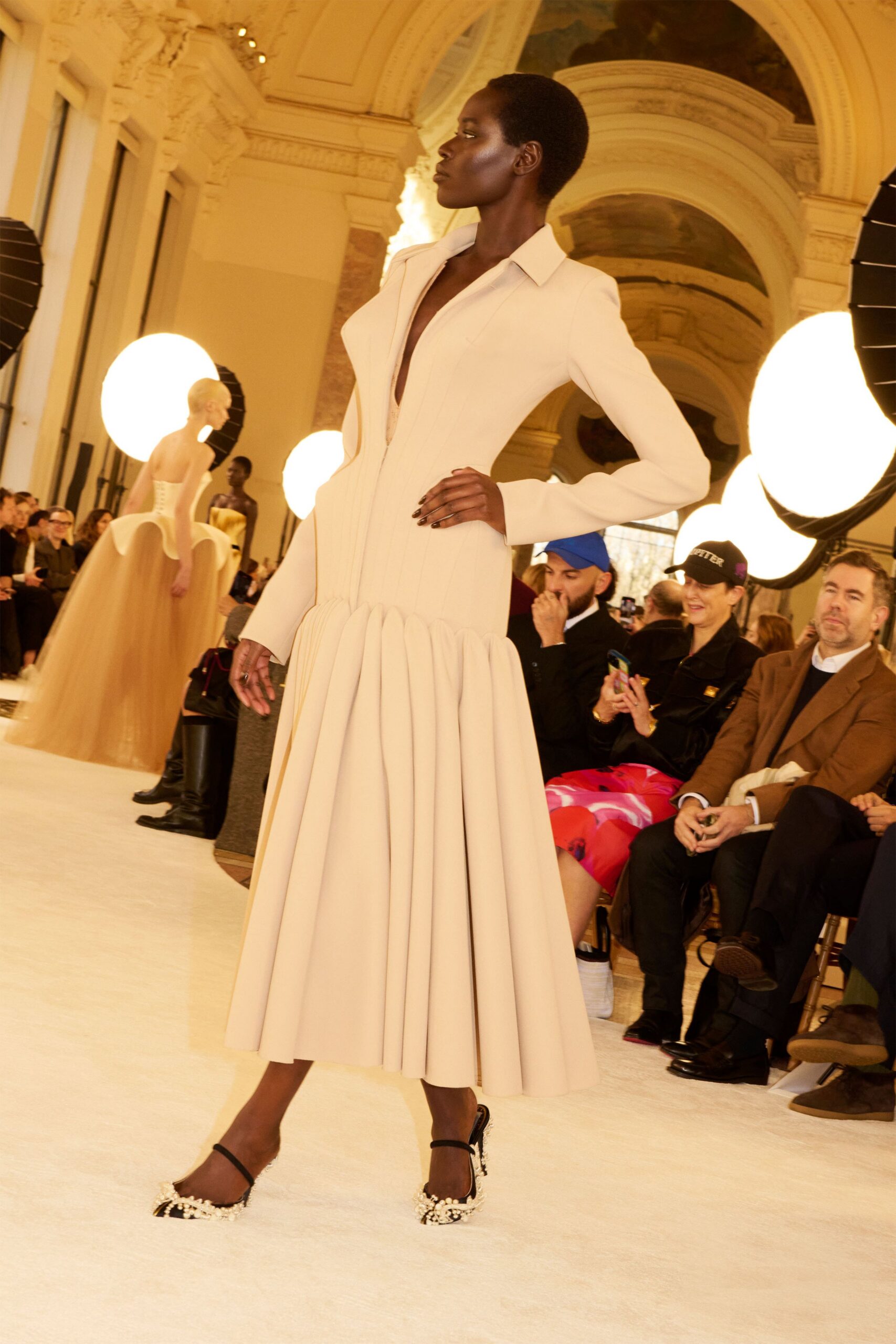 beige cotton long-sleeve collared fitted pleated a-line dress