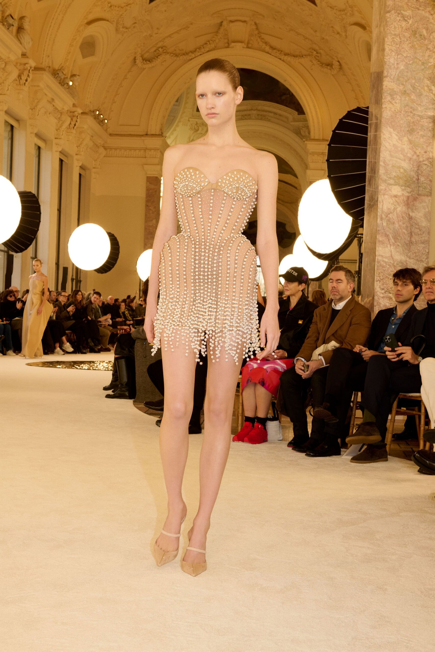 beige silk strapless fitted embellished fringed shiny dress