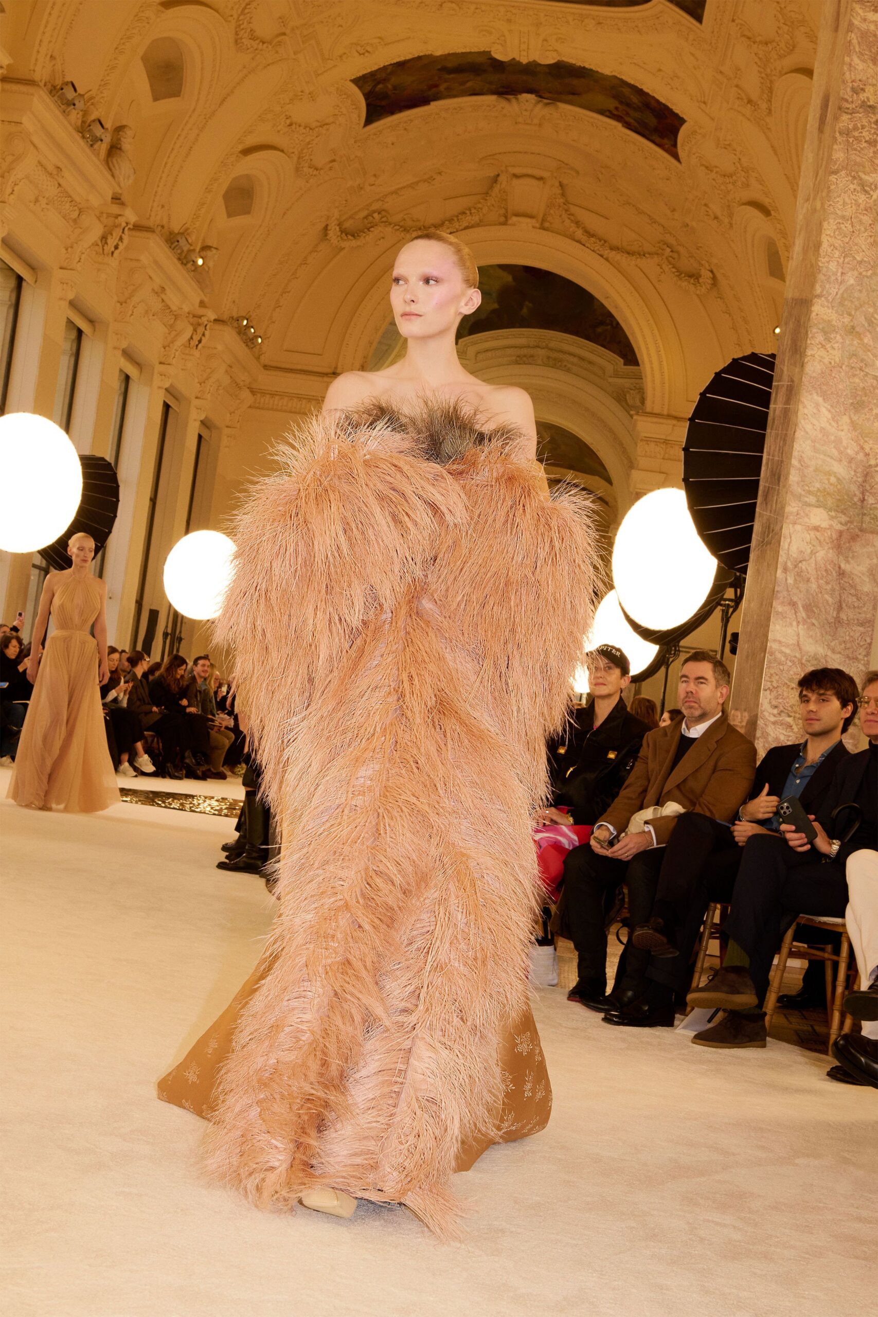 orange fur strapless gown