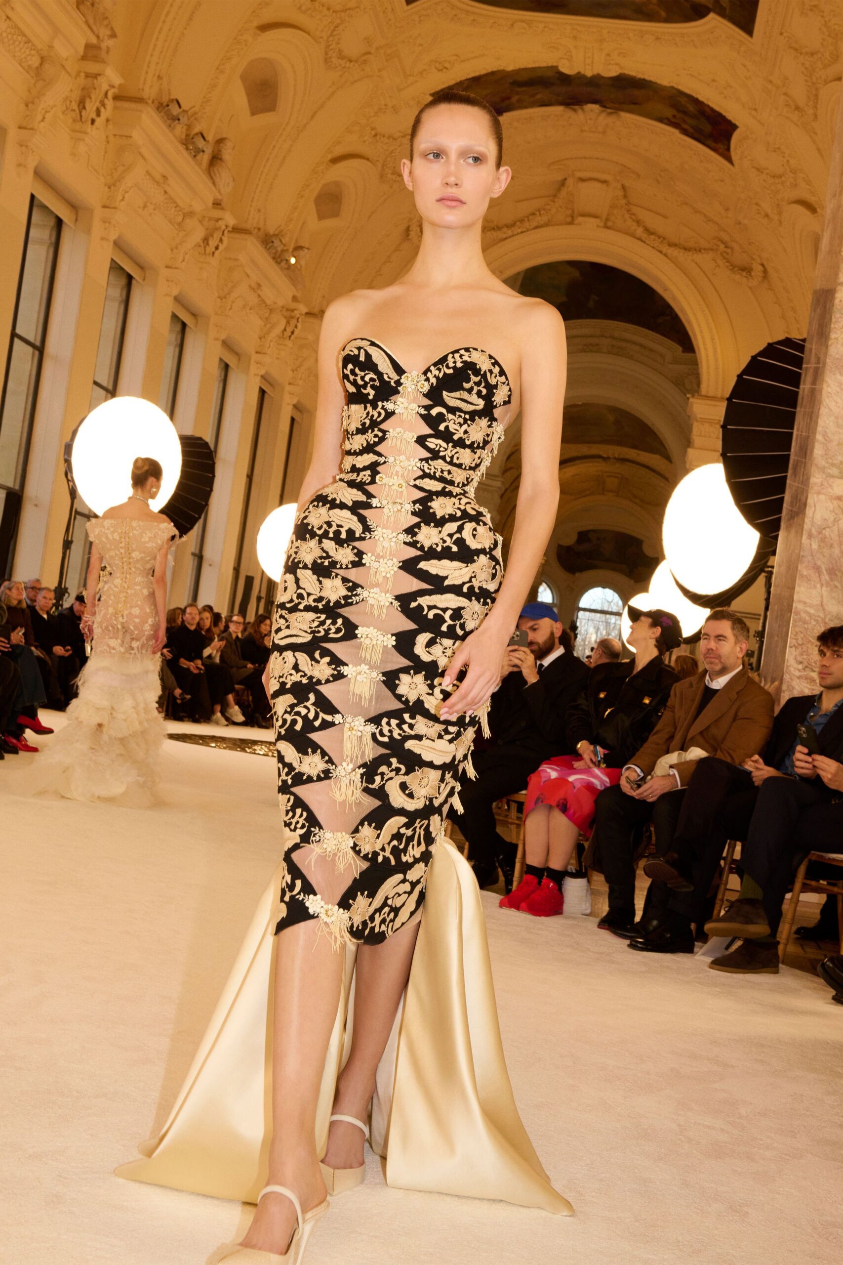 black silk strapless slit fitted embroidered gown