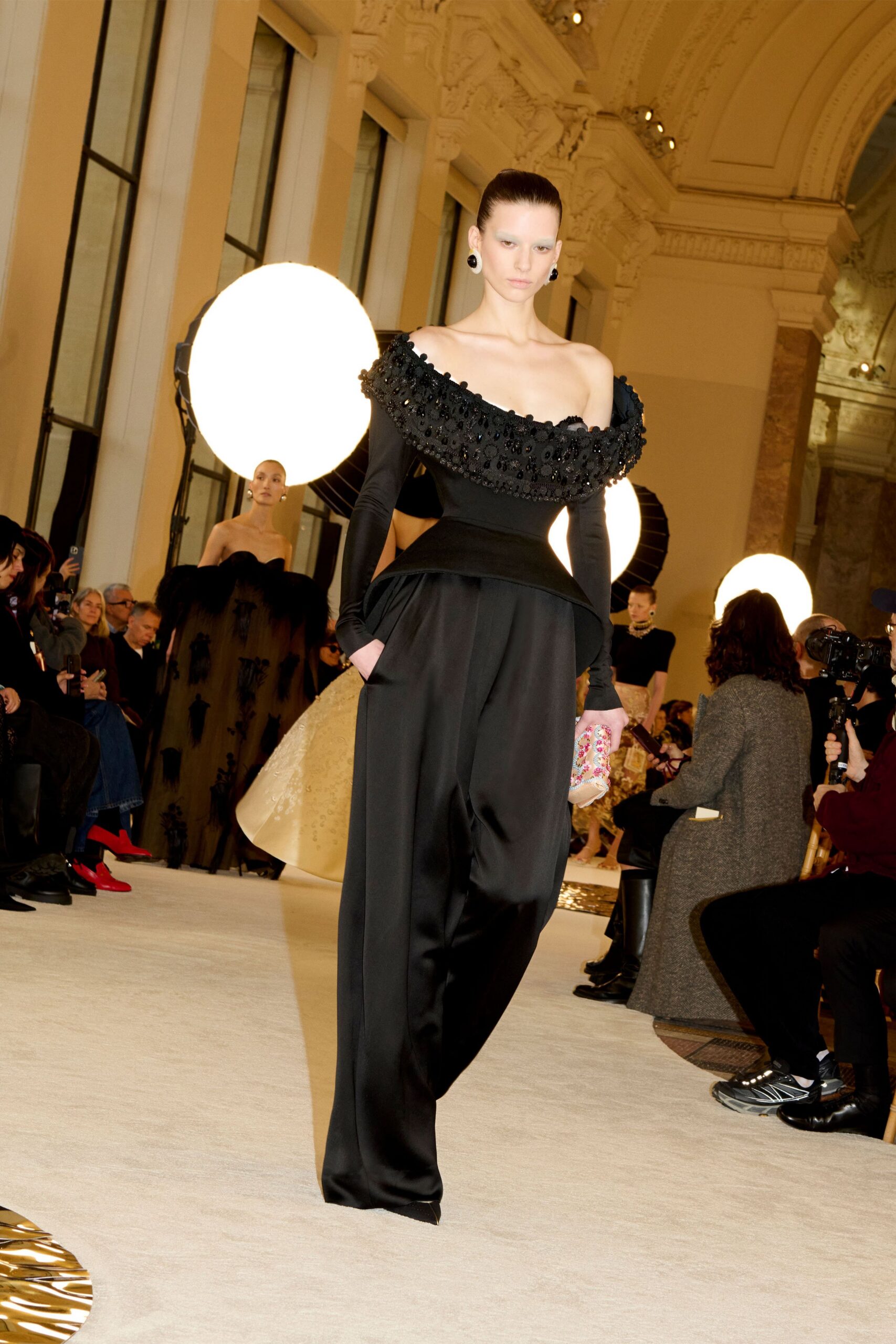 black silk long-sleeve off-shoulder fitted ruffled top