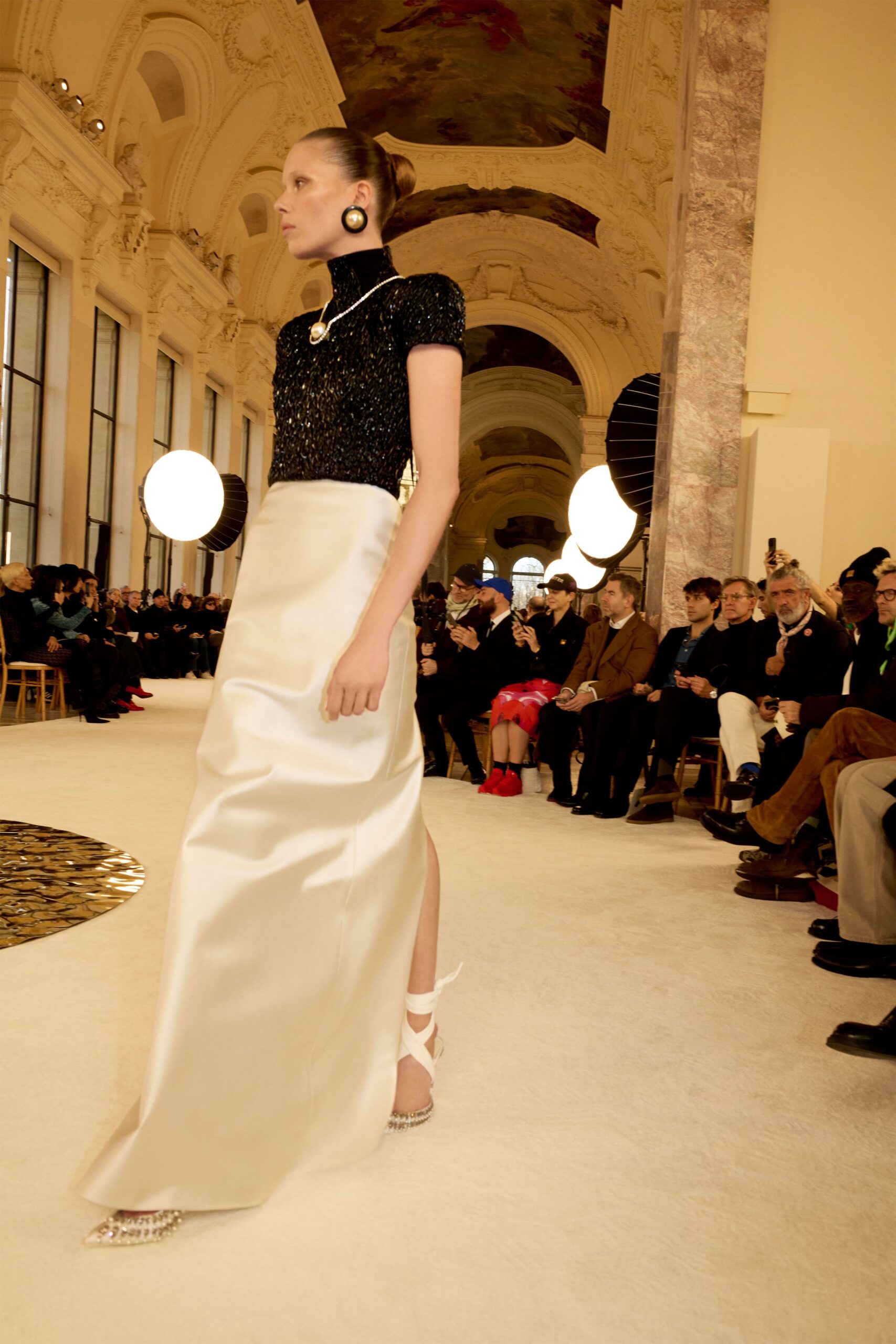 white silk slit fitted straight-leg midi skirt