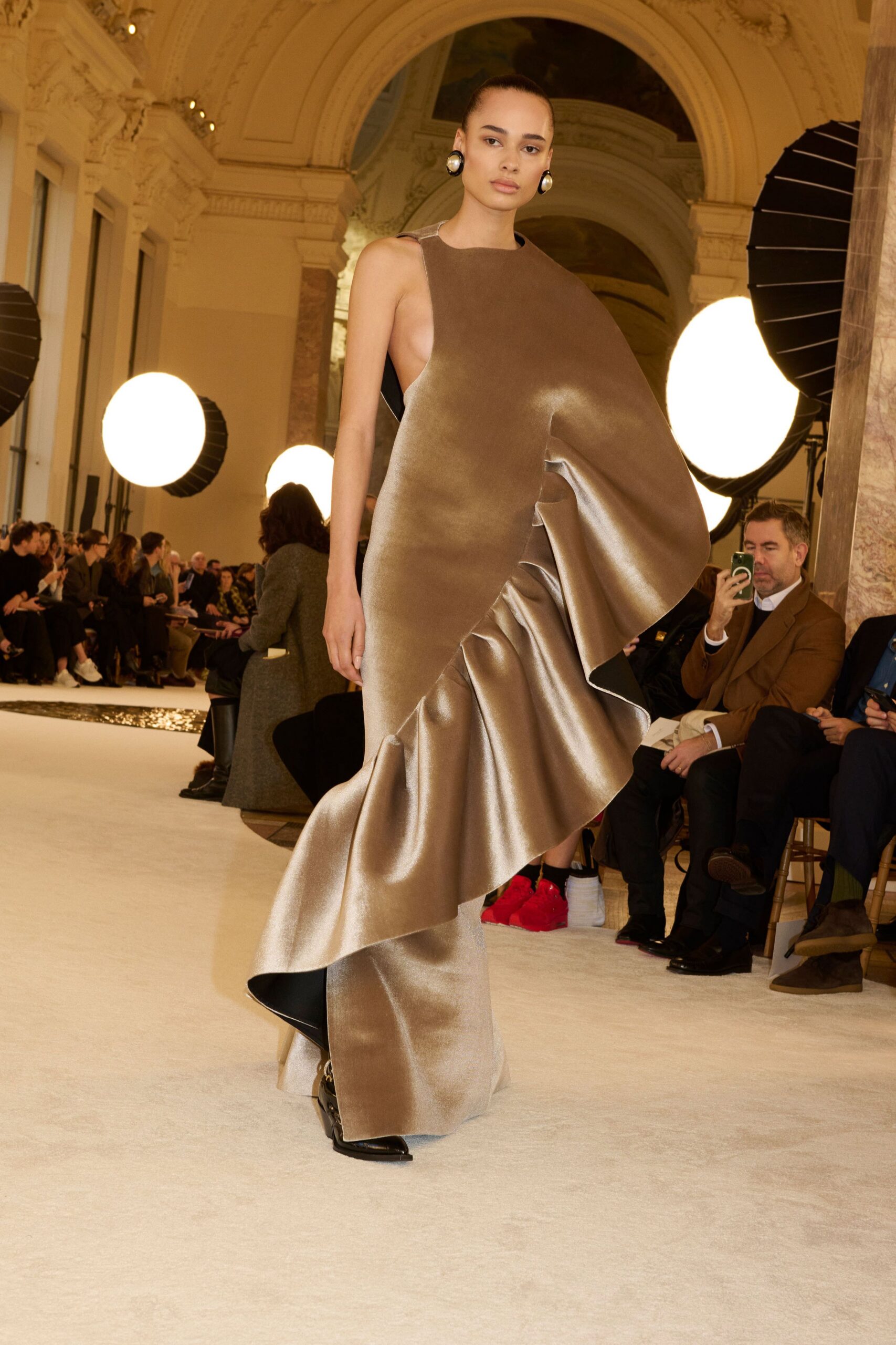 brown silk sleeveless high-neck fitted draped ruffled gown