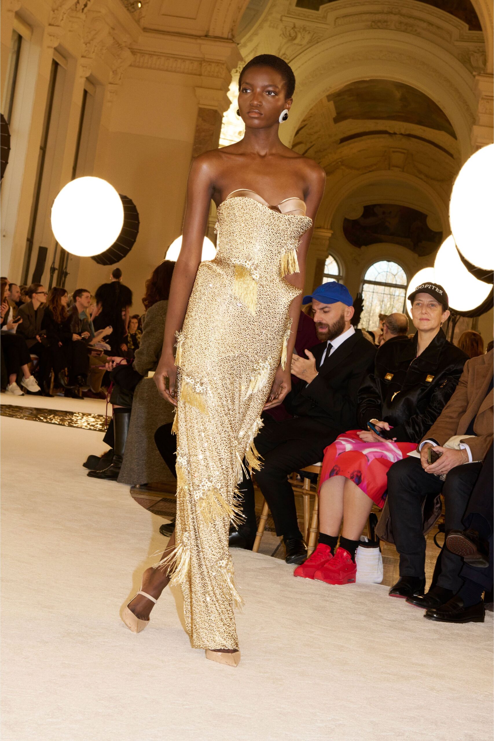 gold silk strapless fitted fringed sequined shiny gown