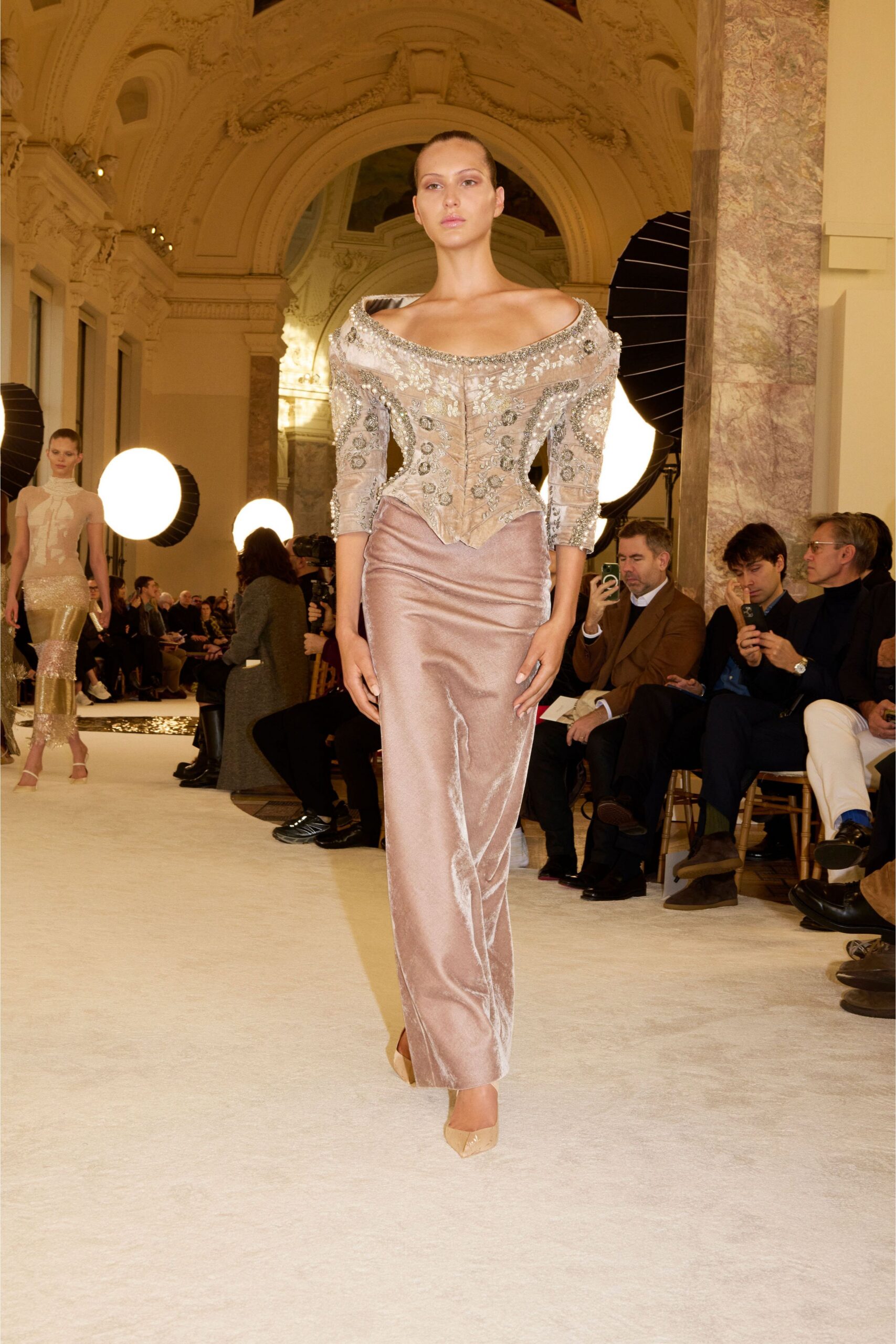 beige silk long-sleeve off-shoulder fitted structured embellished gown