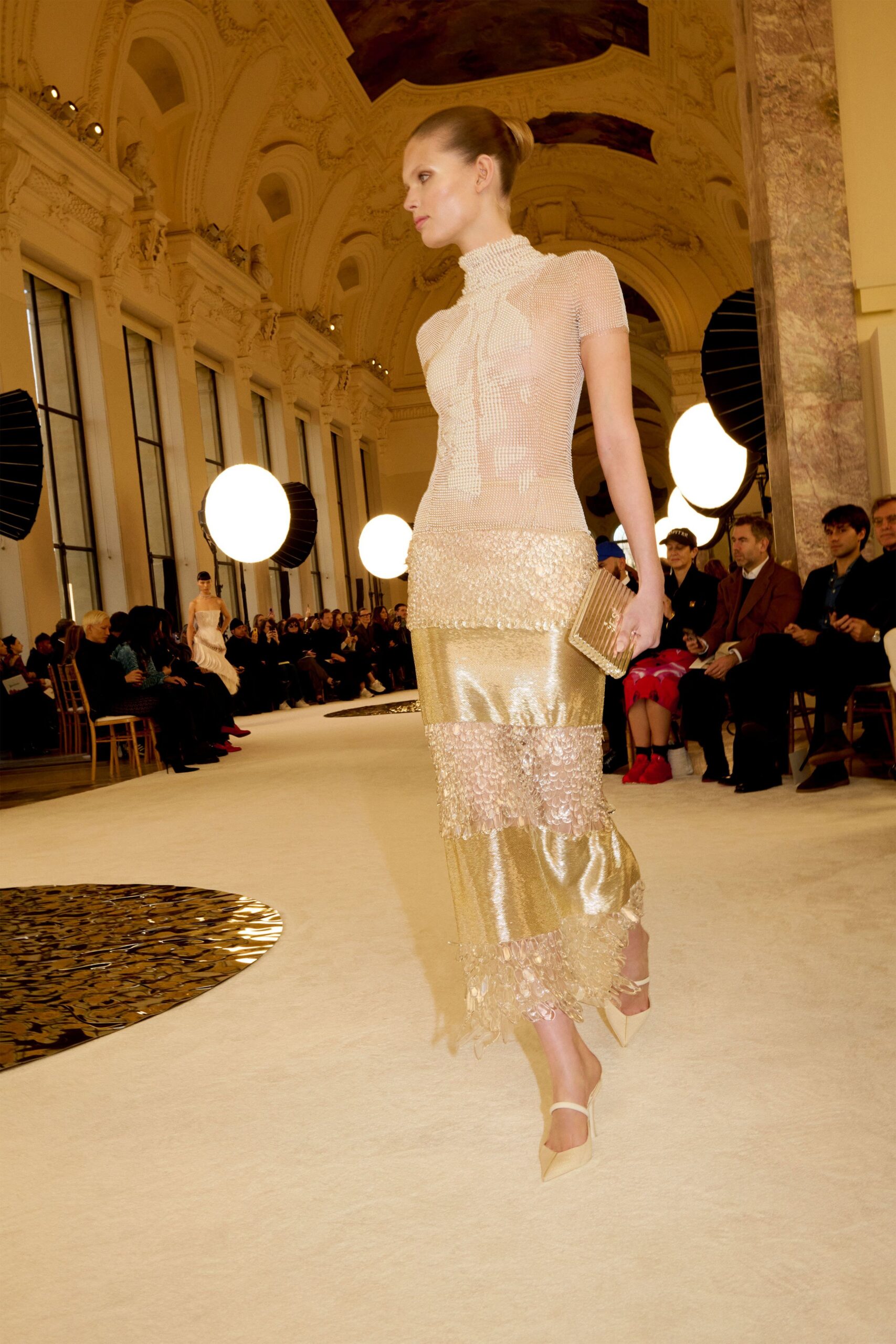 gold silk sleeveless high-neck fitted pleated layered dress