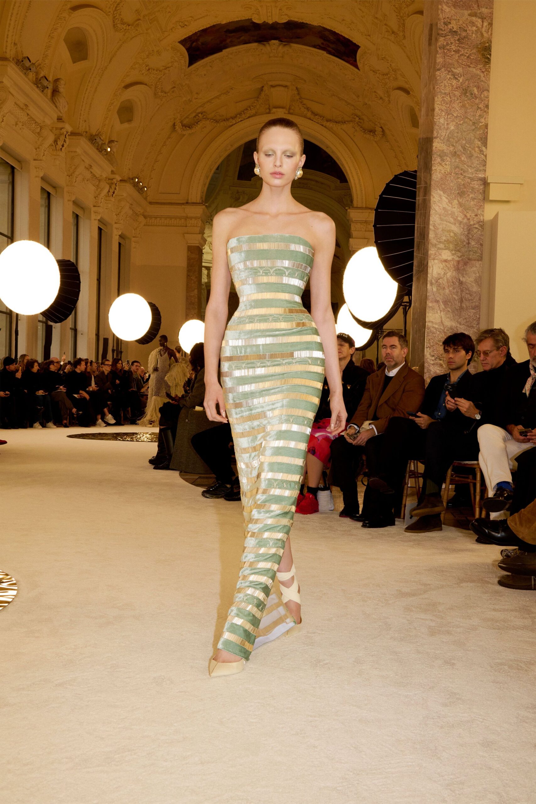green silk strapless fitted pleated shiny maxi gown