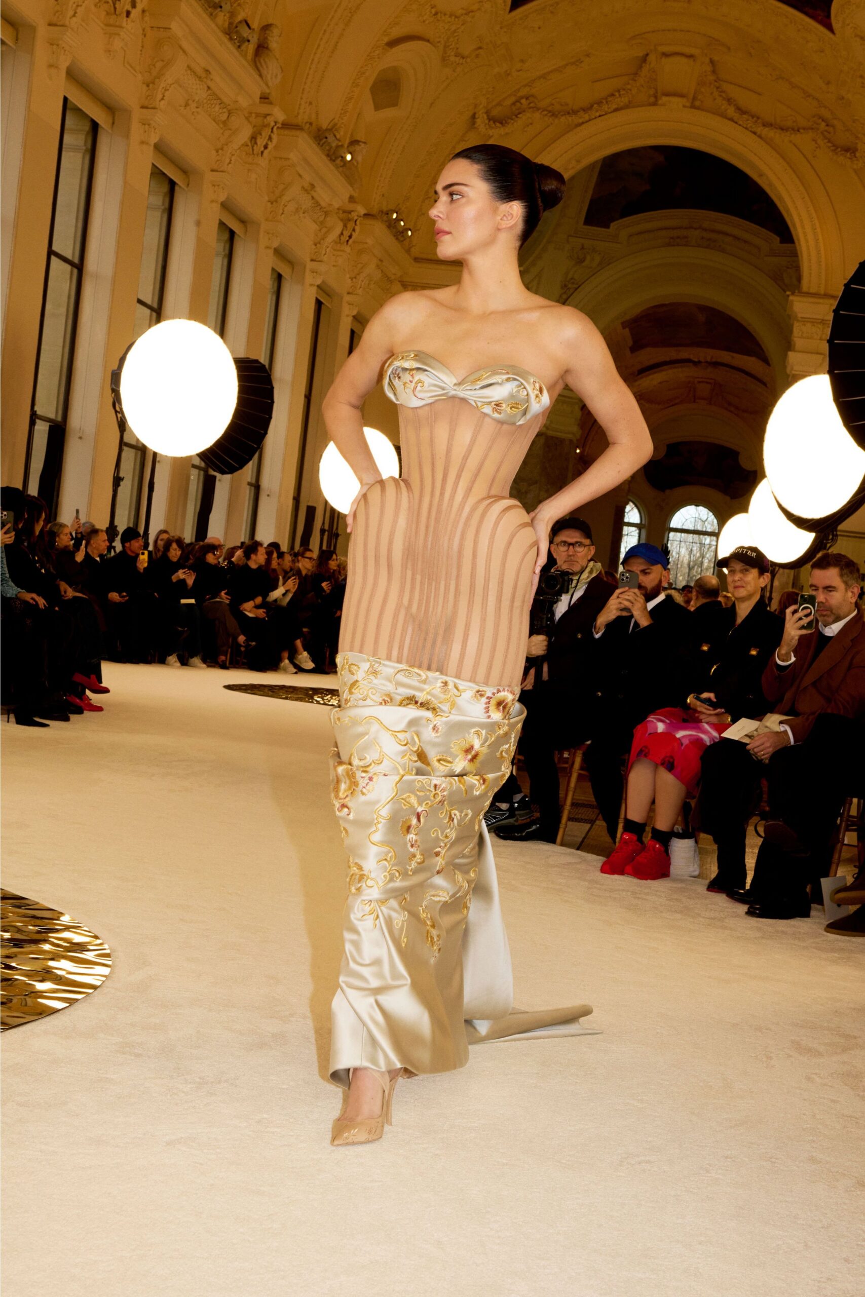 beige silk strapless fitted embroidered draped shiny gown