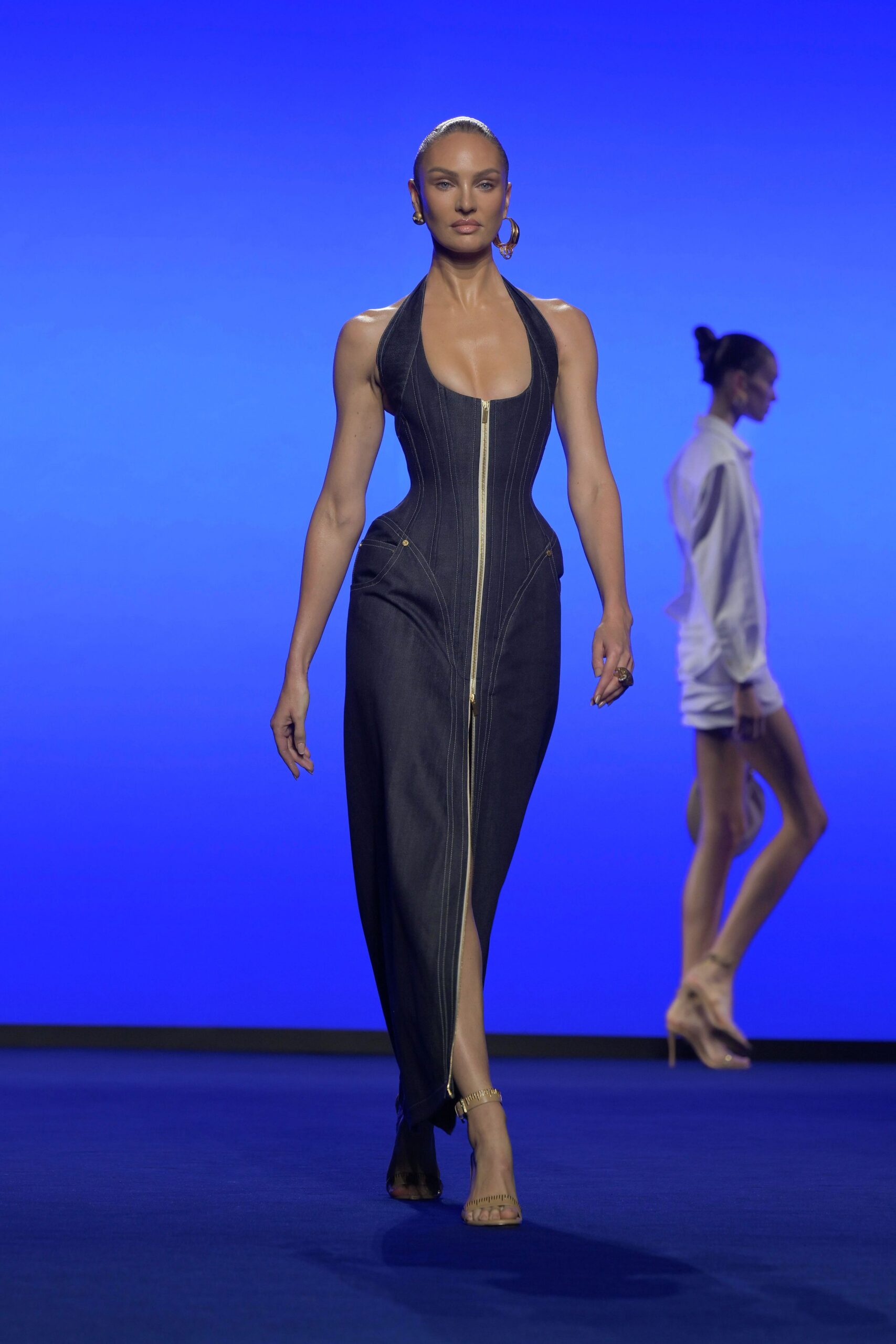 blue denim fitted gown
