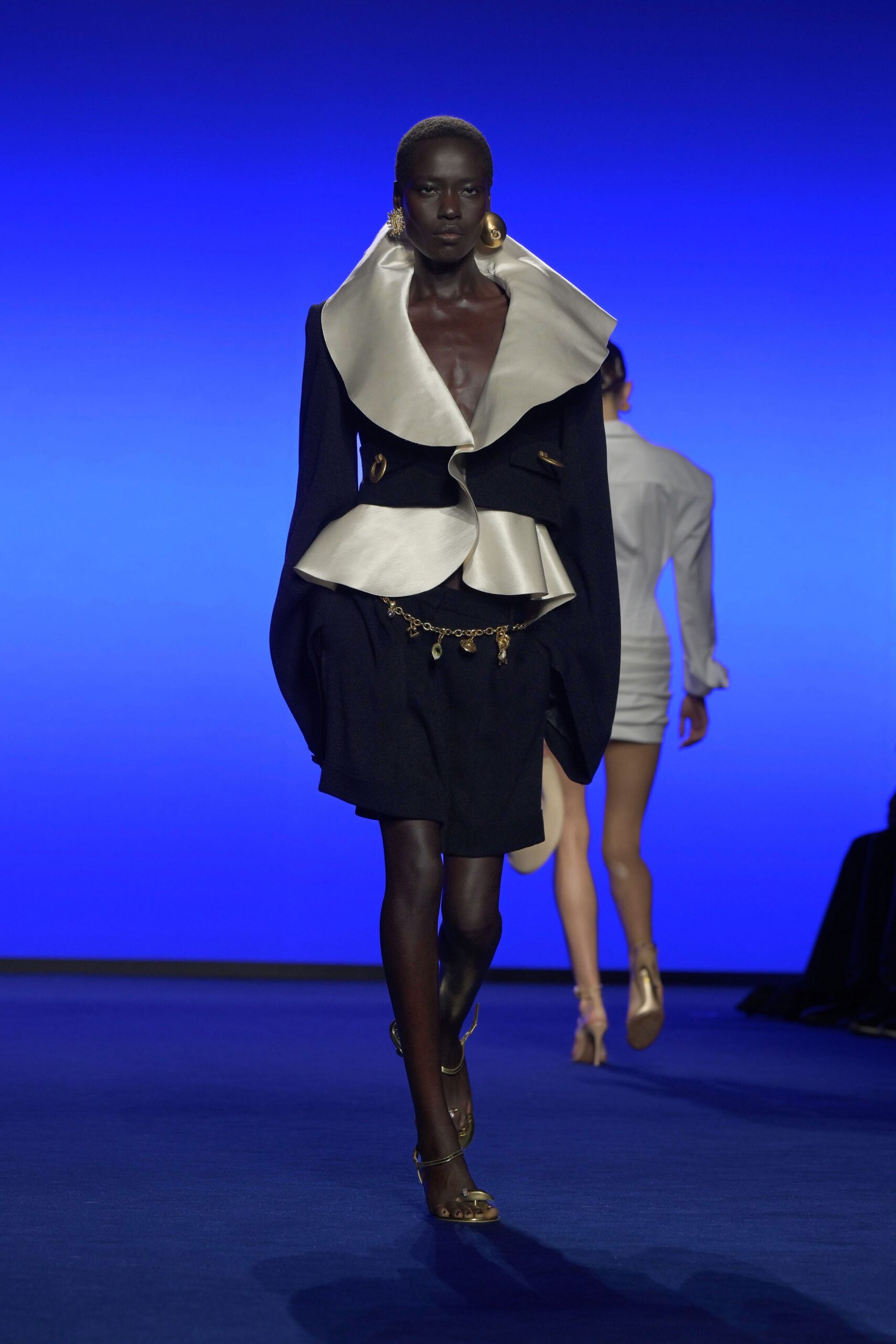 black silk long-sleeve collared structured draped blazer