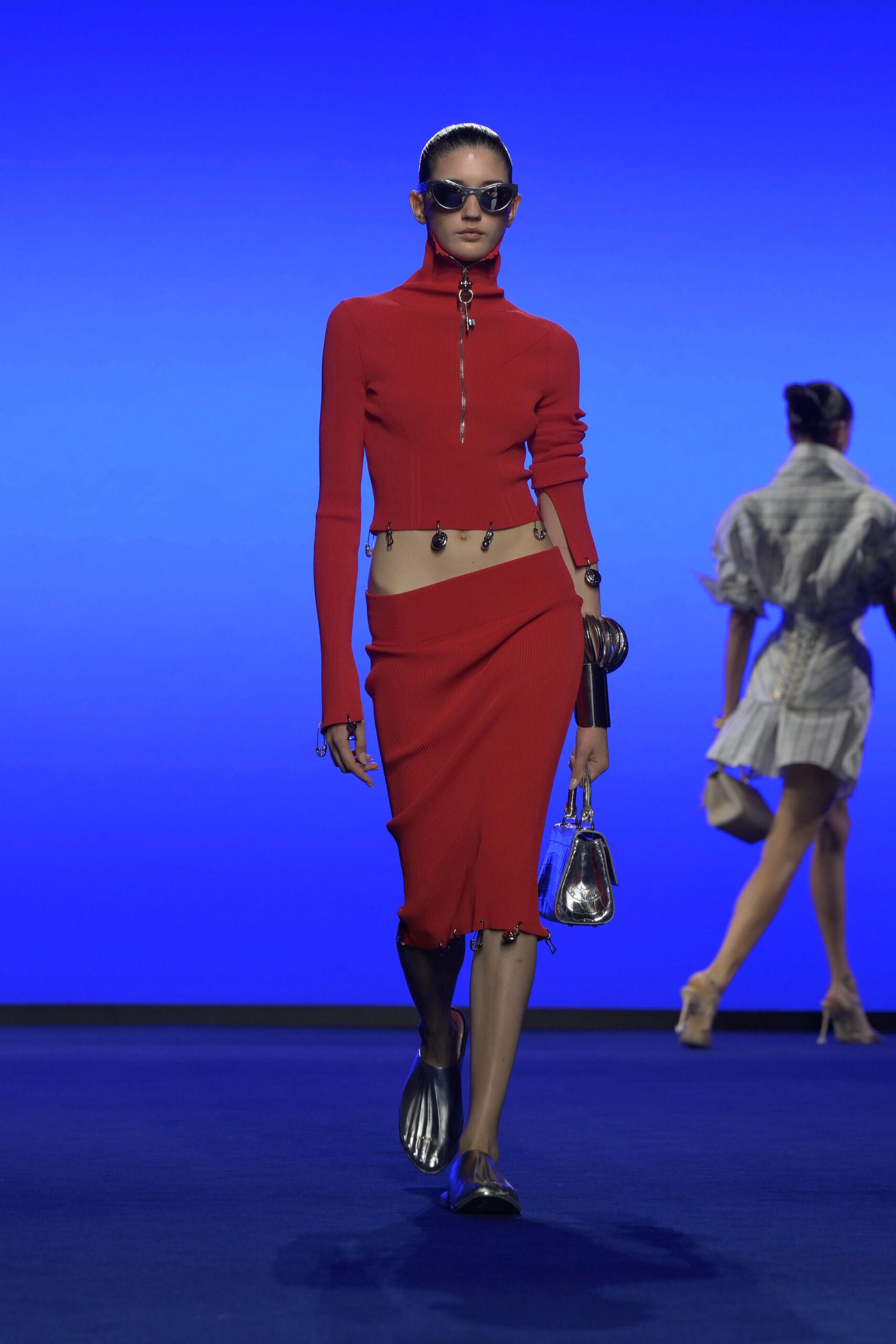 fitted red knit top and skirt