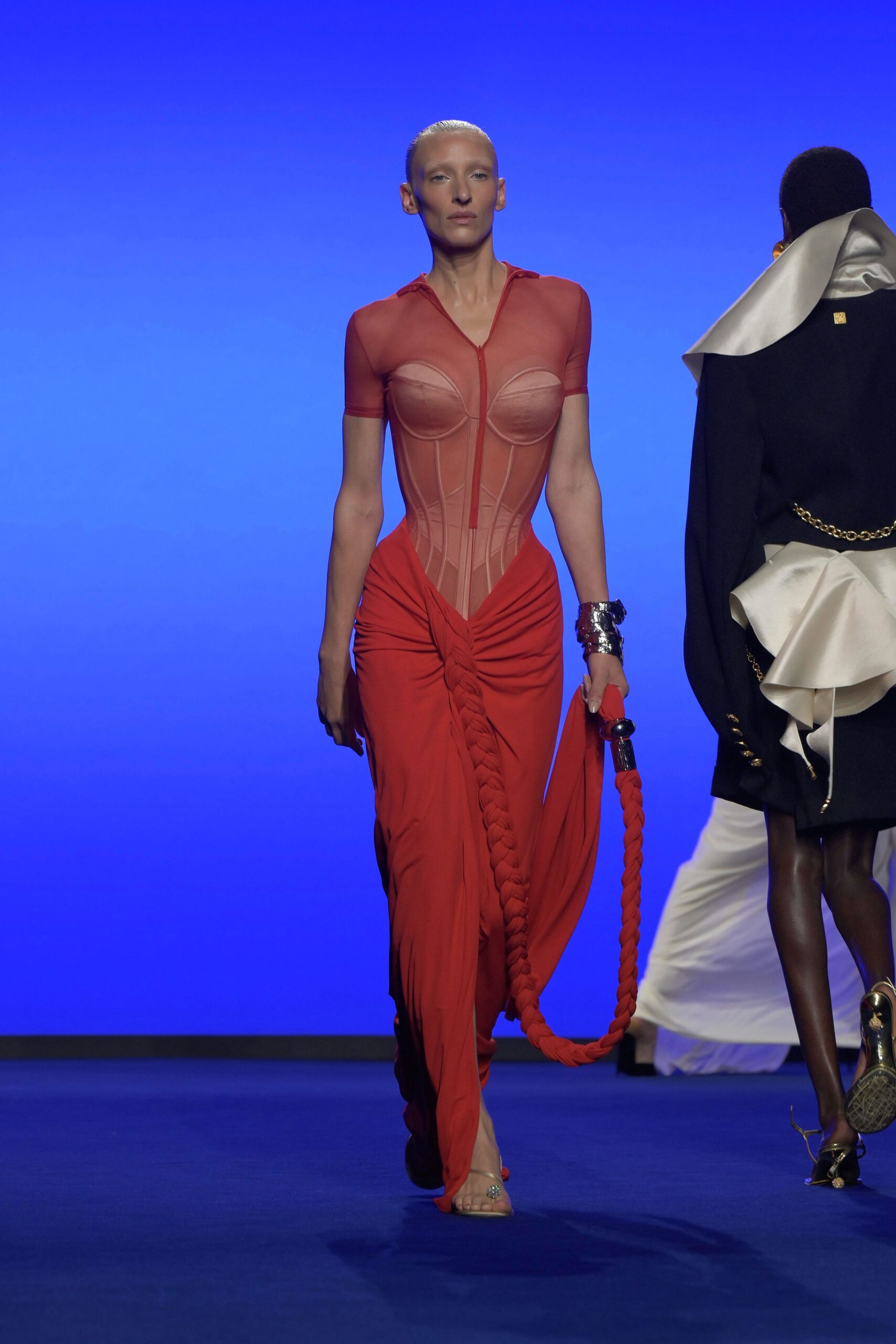 fitted red silk gown