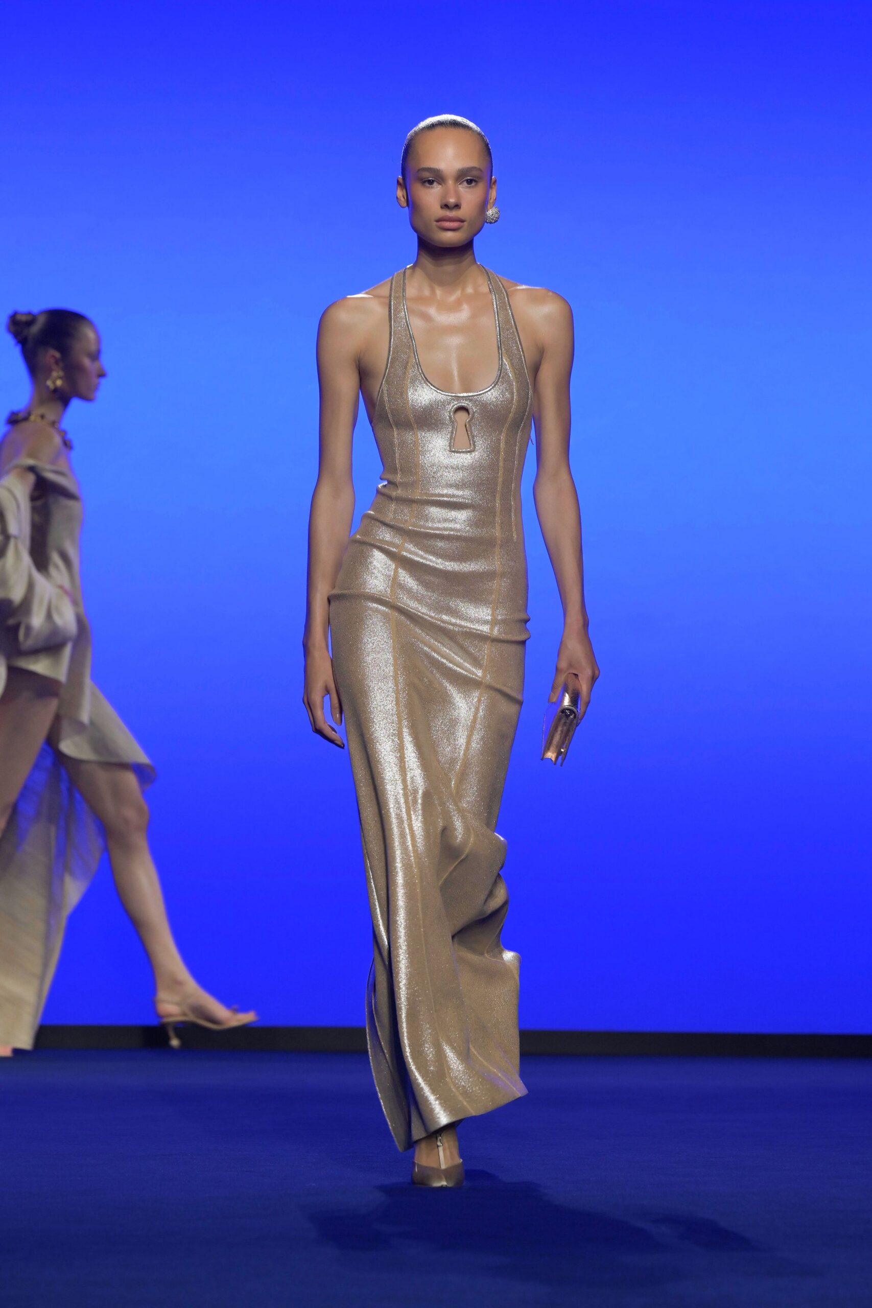 fitted gold metallic gown