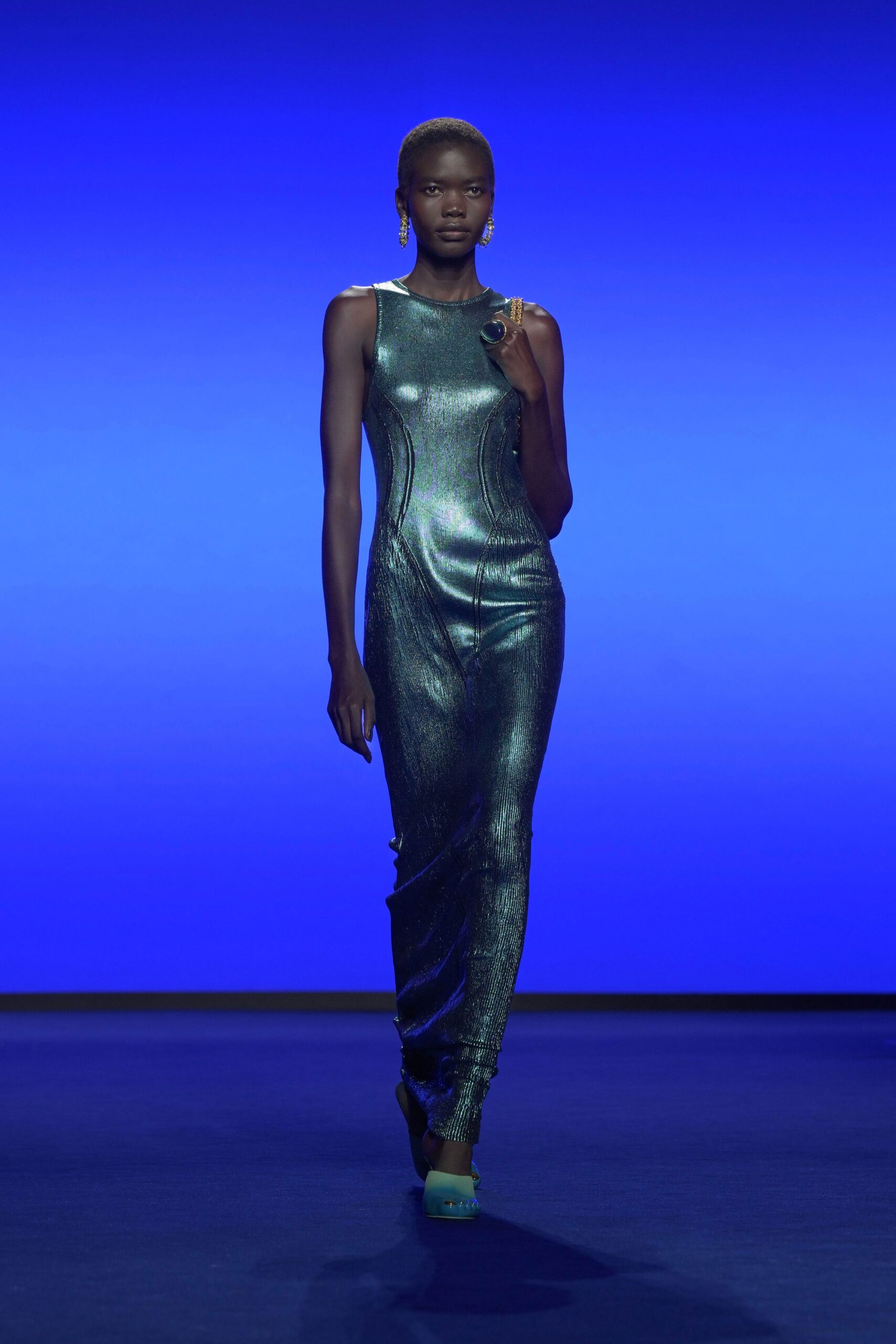 blue metallic sleeveless gown