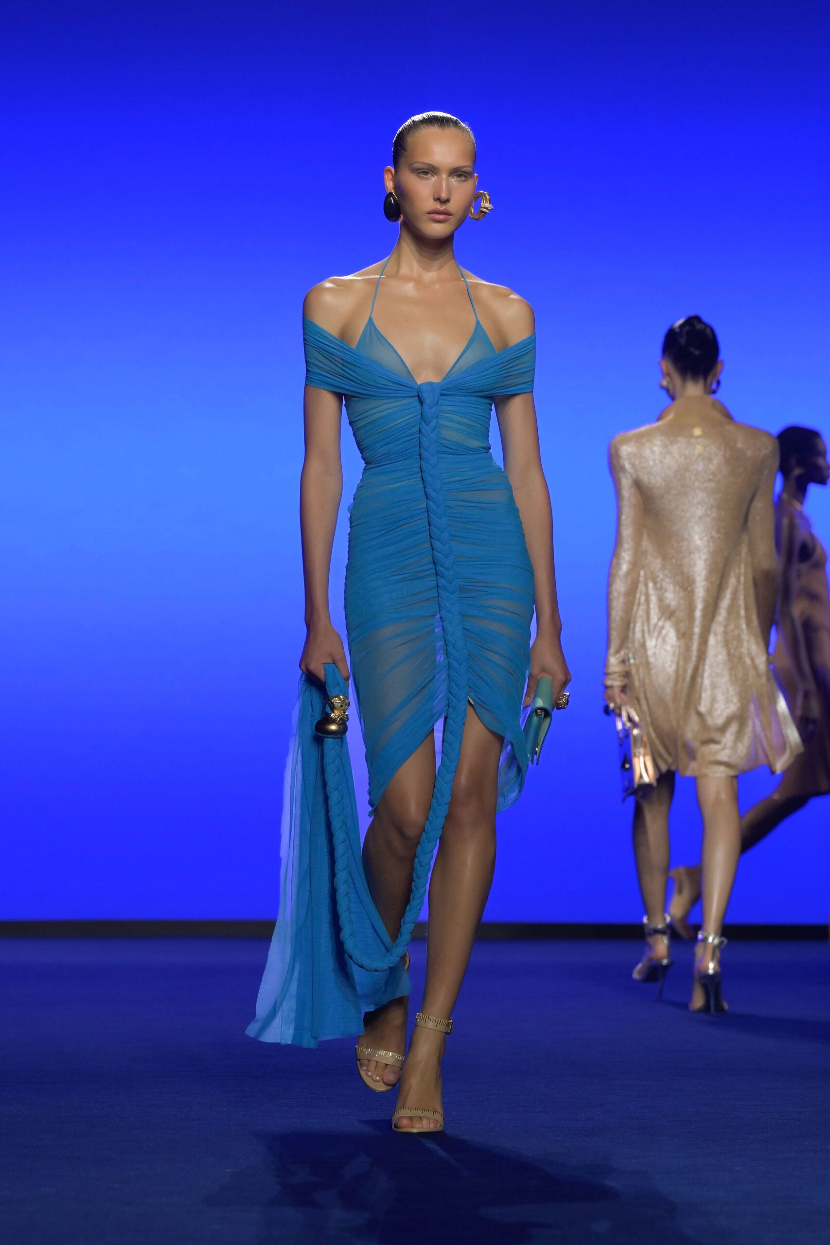 blue silk fitted dress