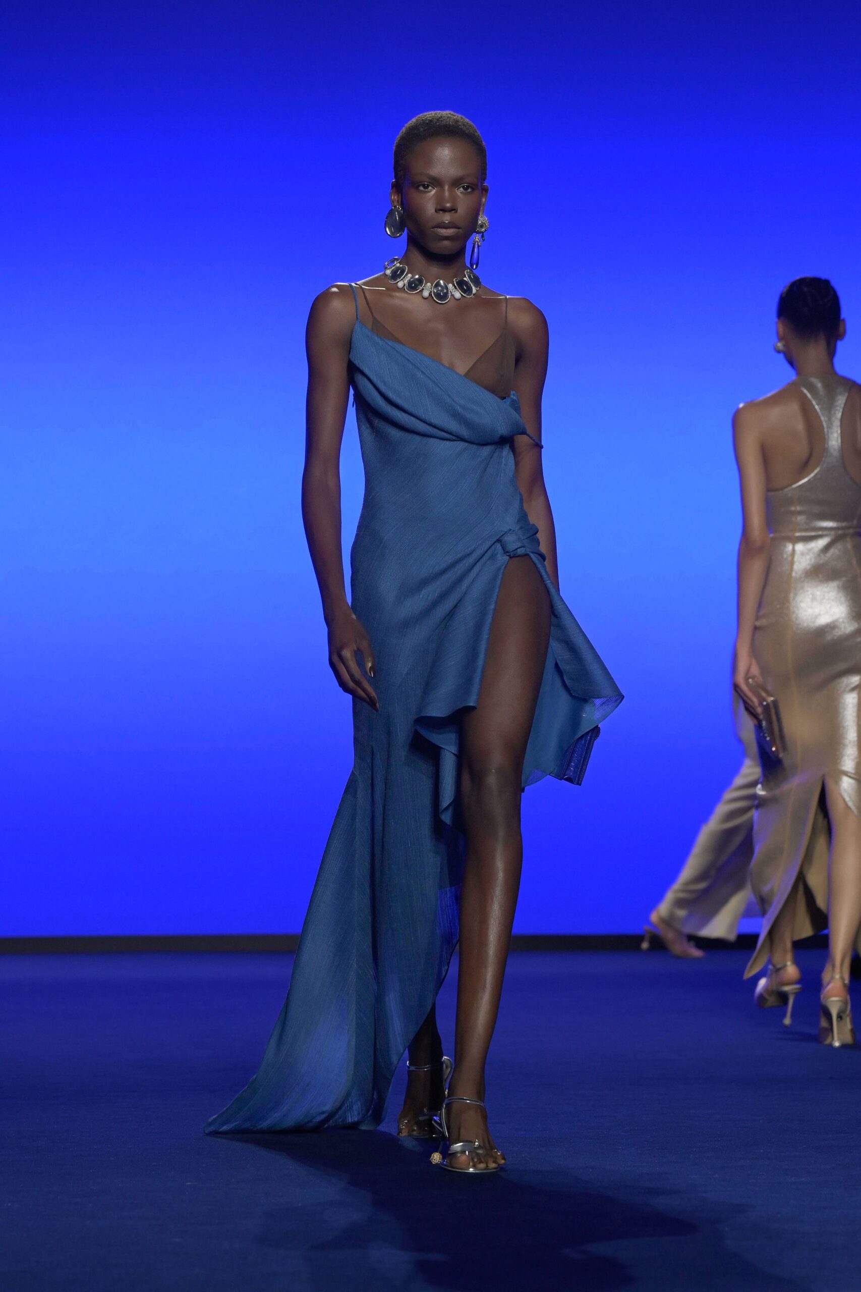 blue silk fitted gown