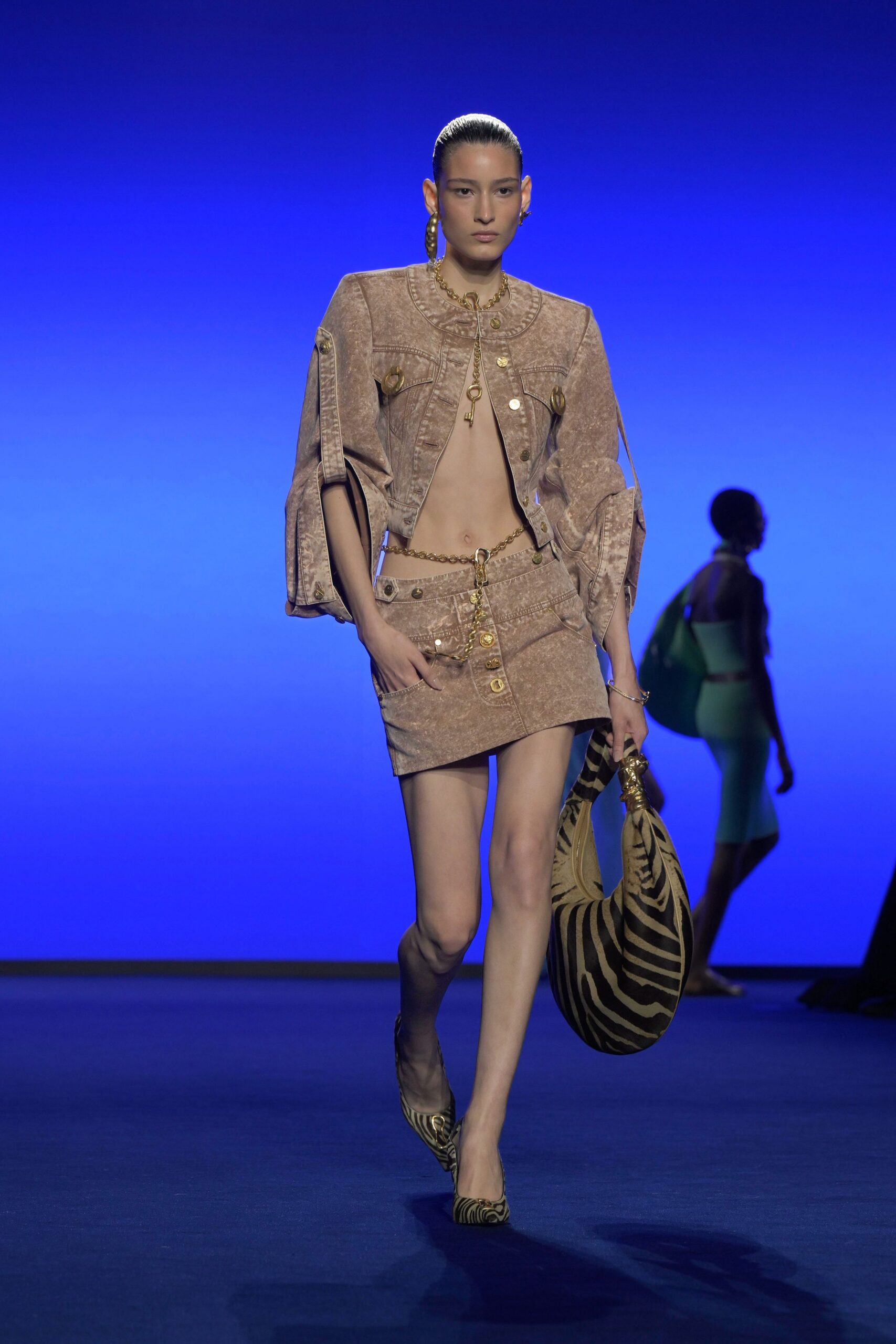 beige denim jacket and skirt