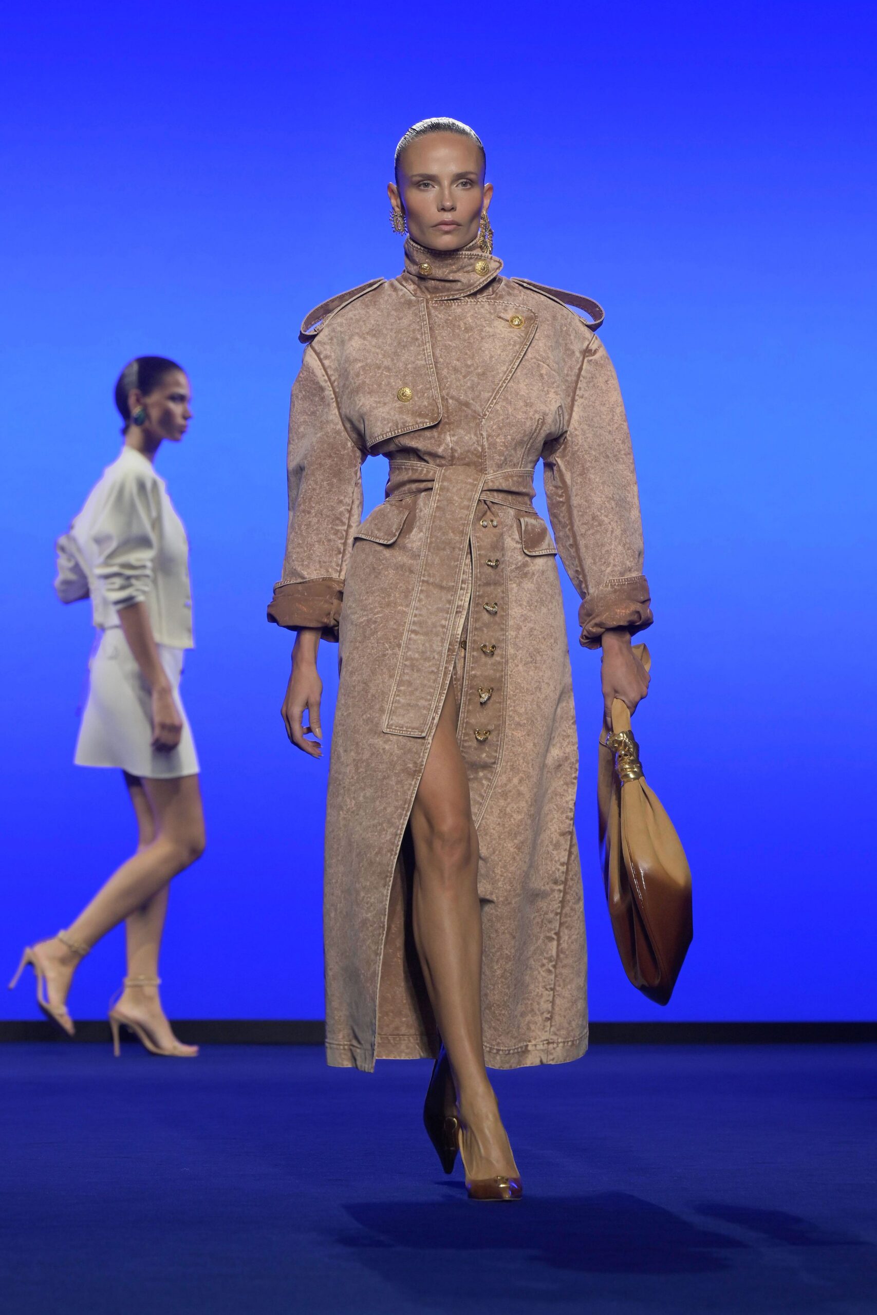 beige coat and white mini dress
