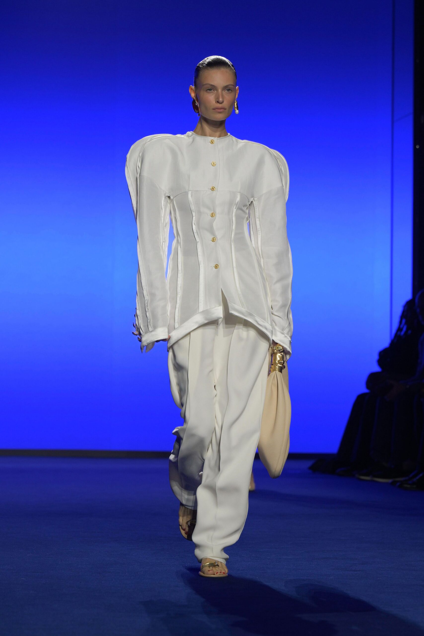 white structured blazer with relaxed pants