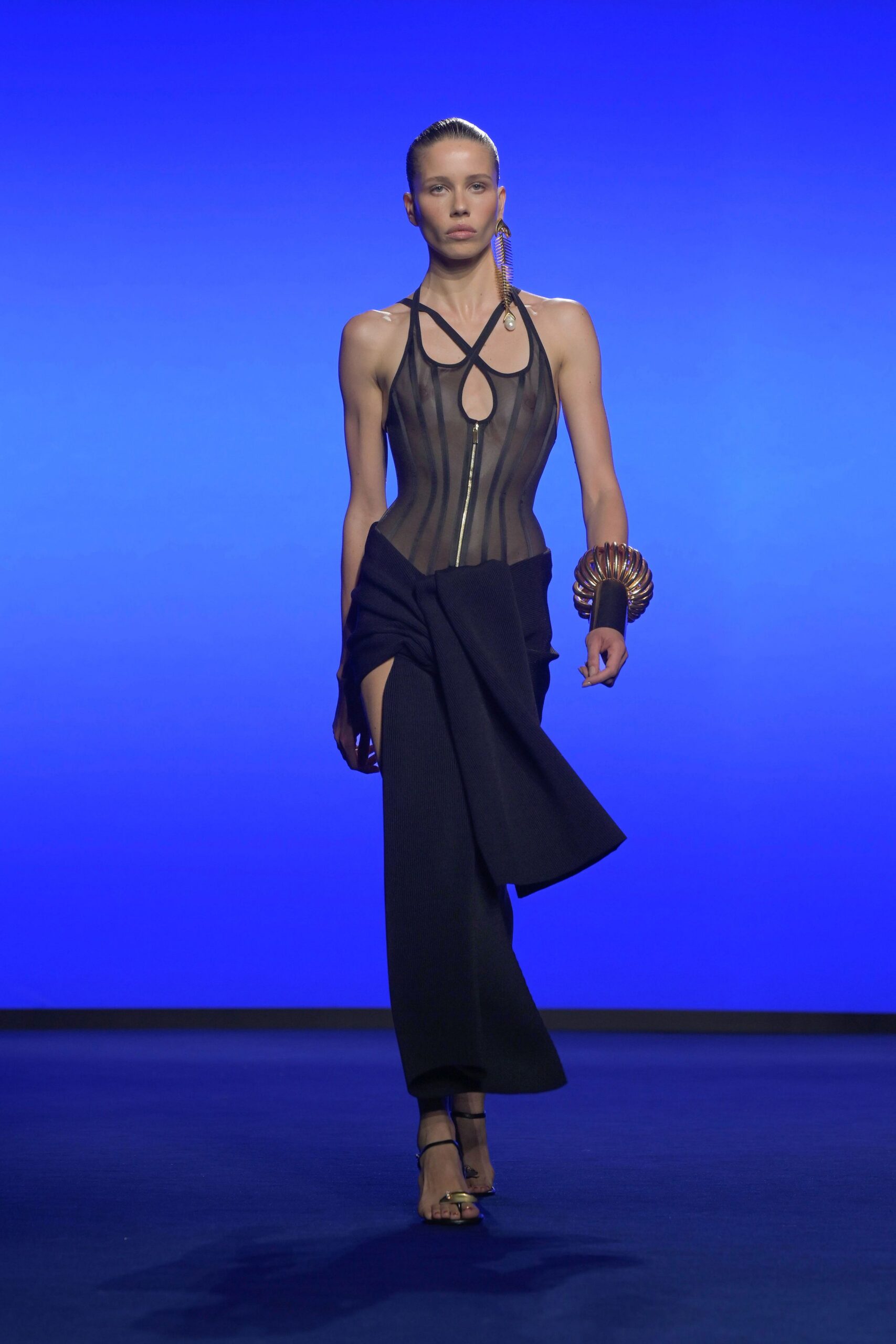 black mesh top with asymmetric skirt