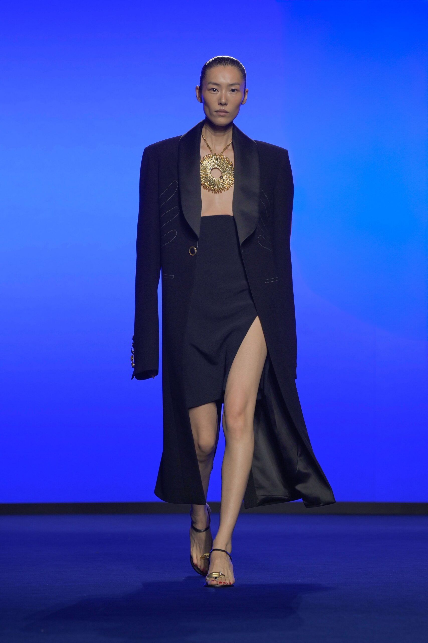 black silk midi dress with oversized coat