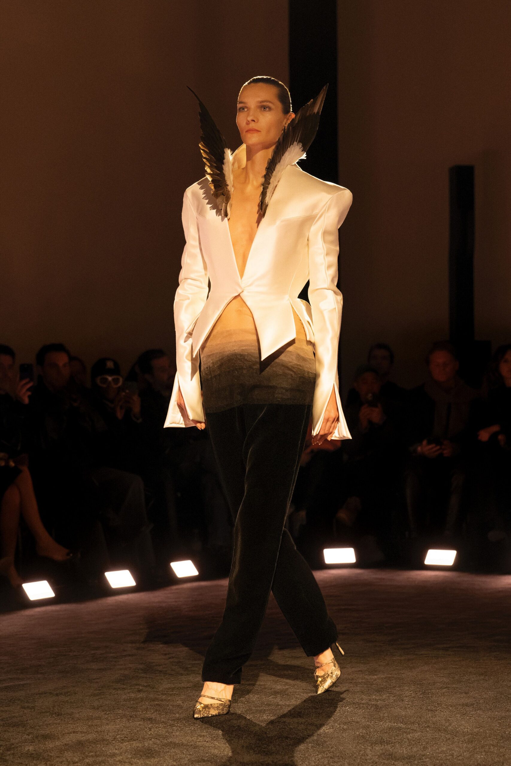 white silk long-sleeve v-neck structured pleated embellished blazer