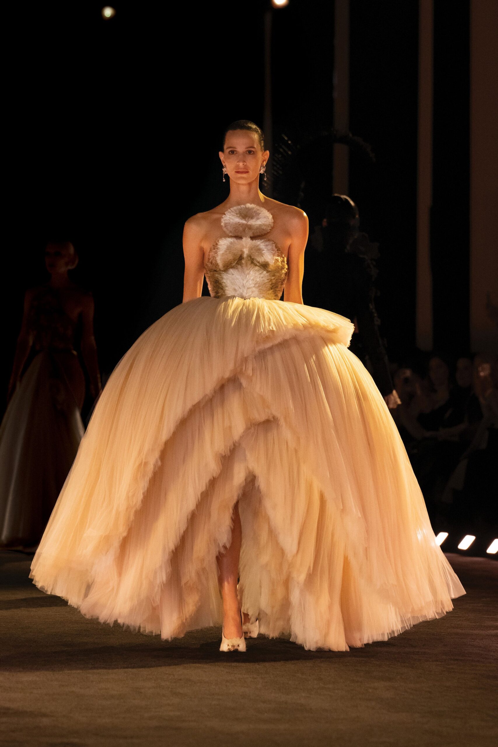 beige strapless tiered gown