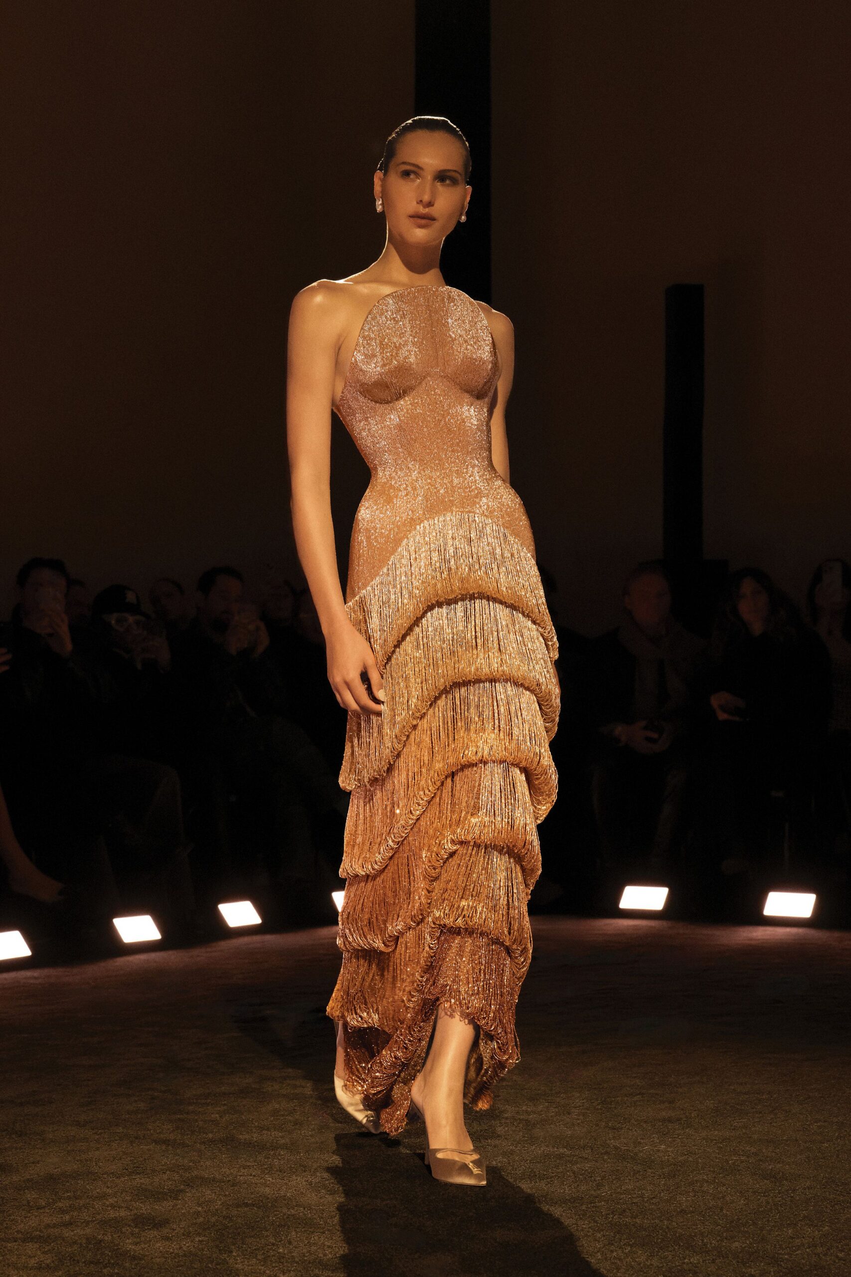 gold silk sleeveless high-neck fitted tiered ruffled gown