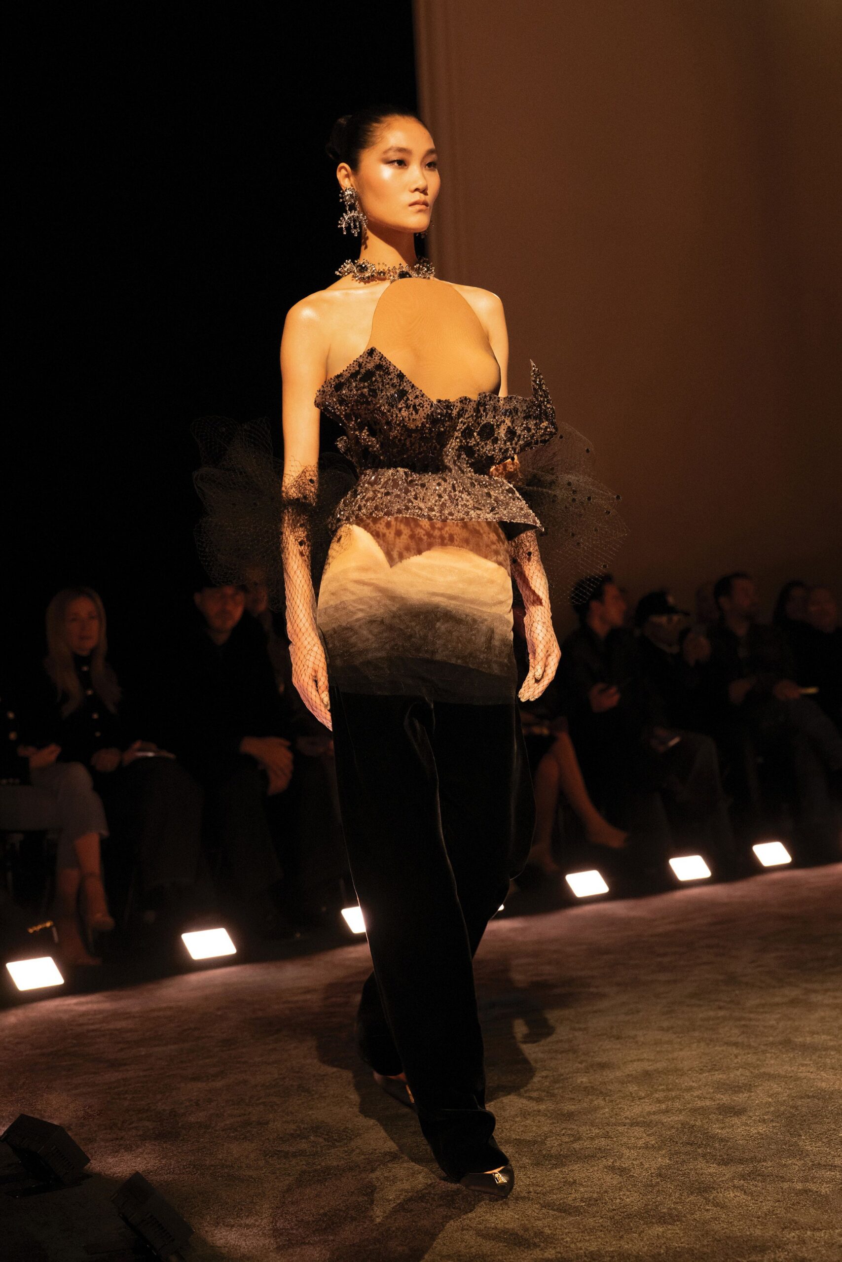 black silk sleeveless halter fitted ruffled layered gown