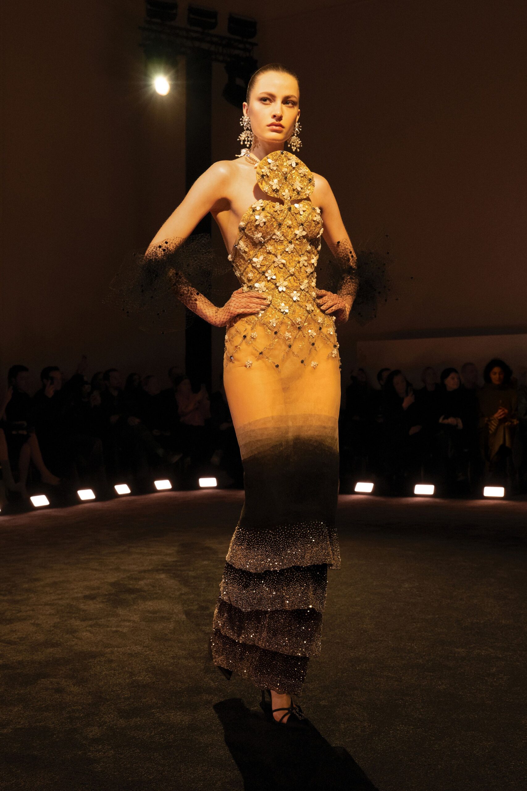 gold and black embellished gown