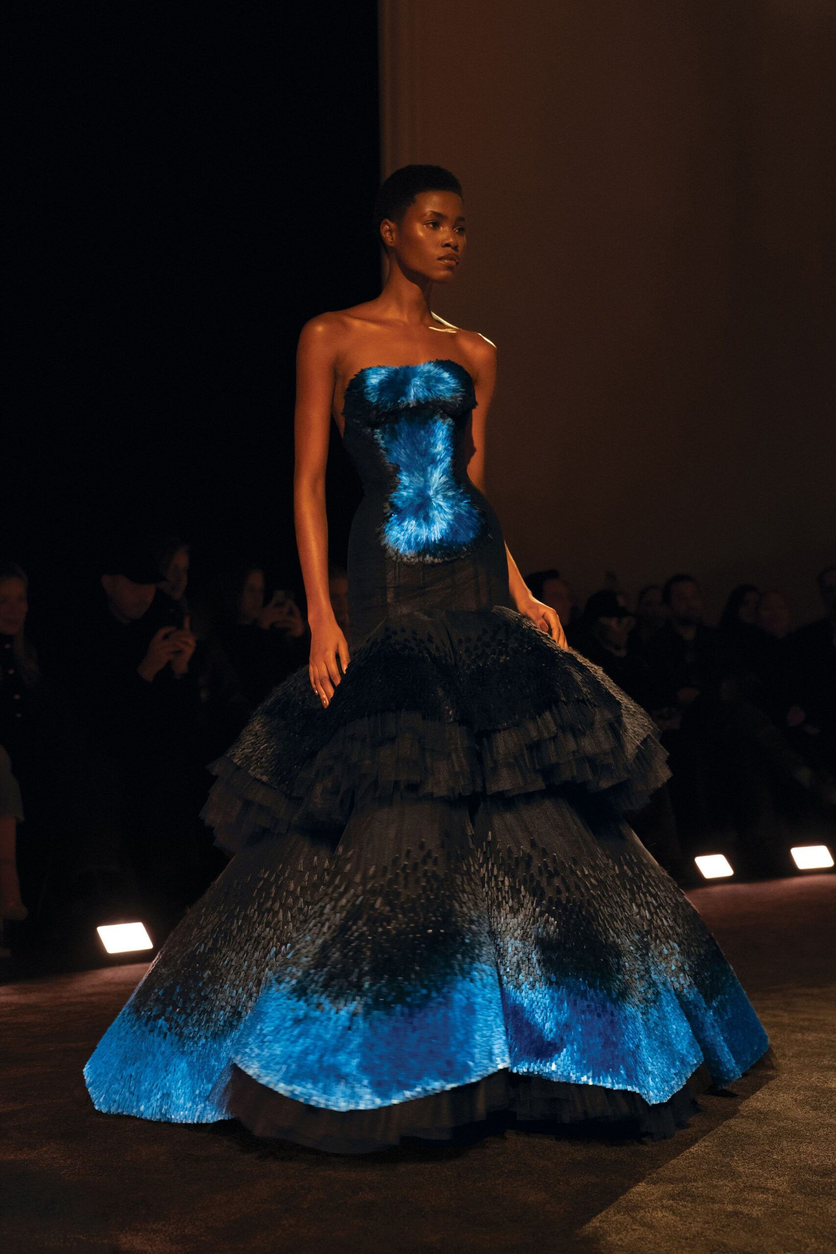 blue tiered ruffled gown