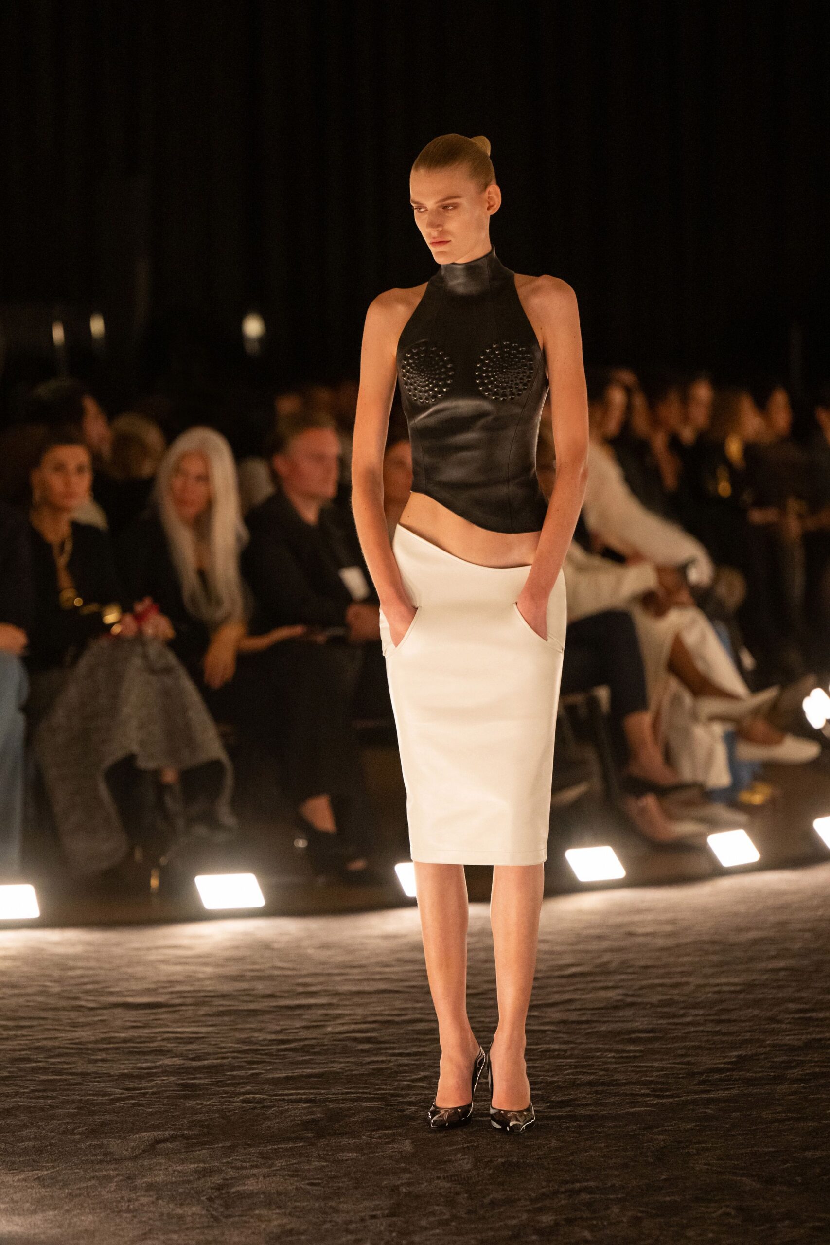 black leather fitted top white pencil skirt