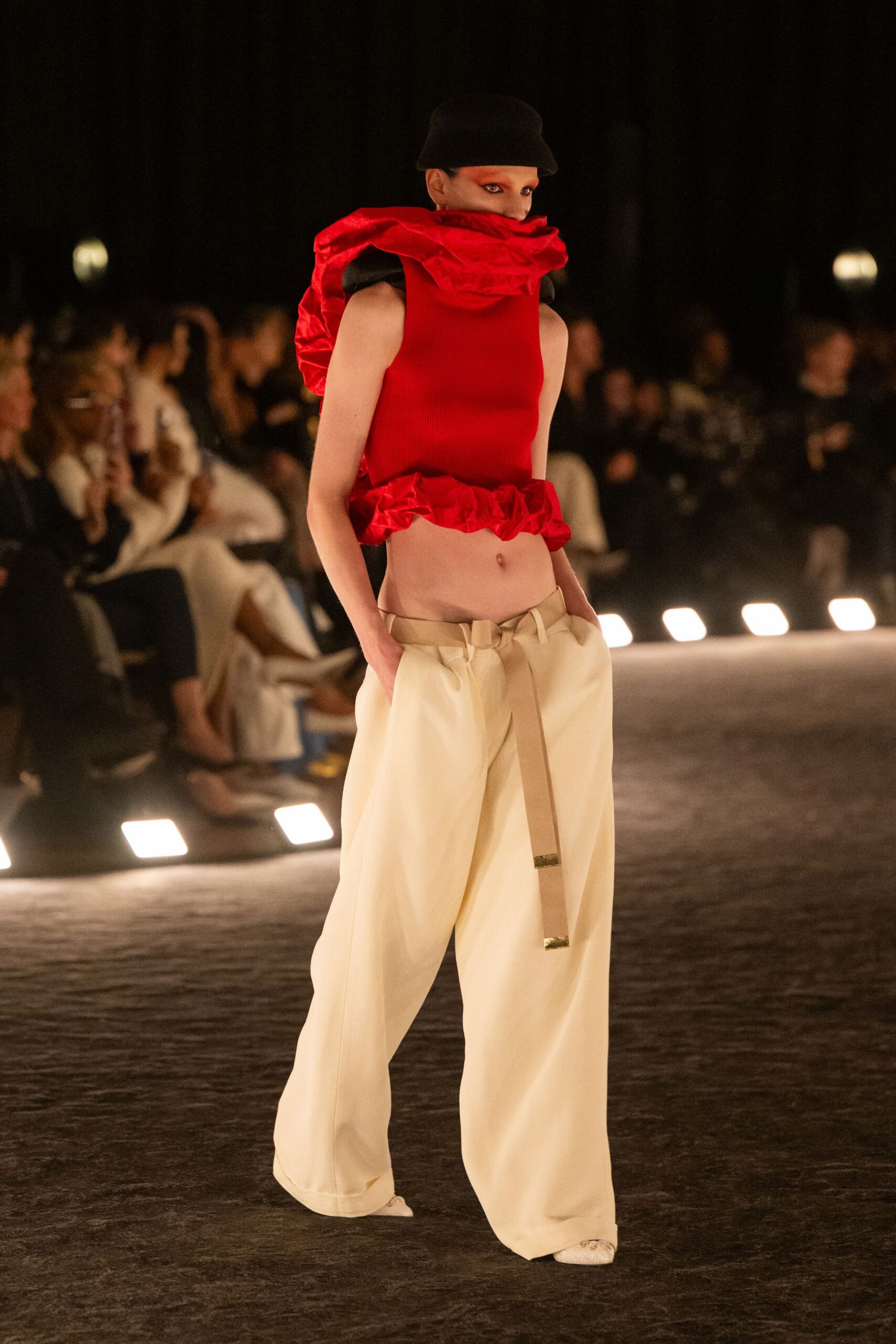 red fitted top with ruffles