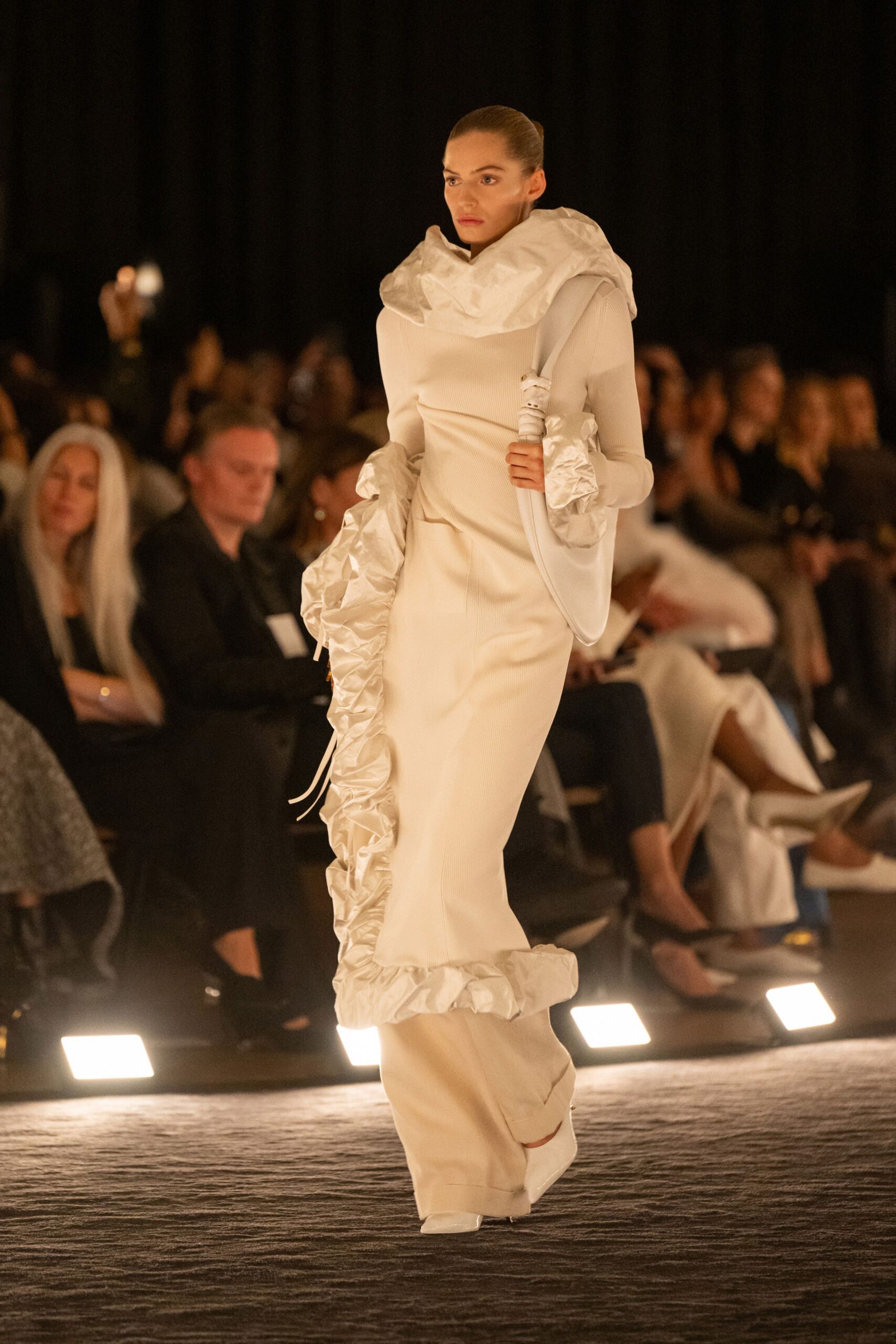 white silk fitted gown