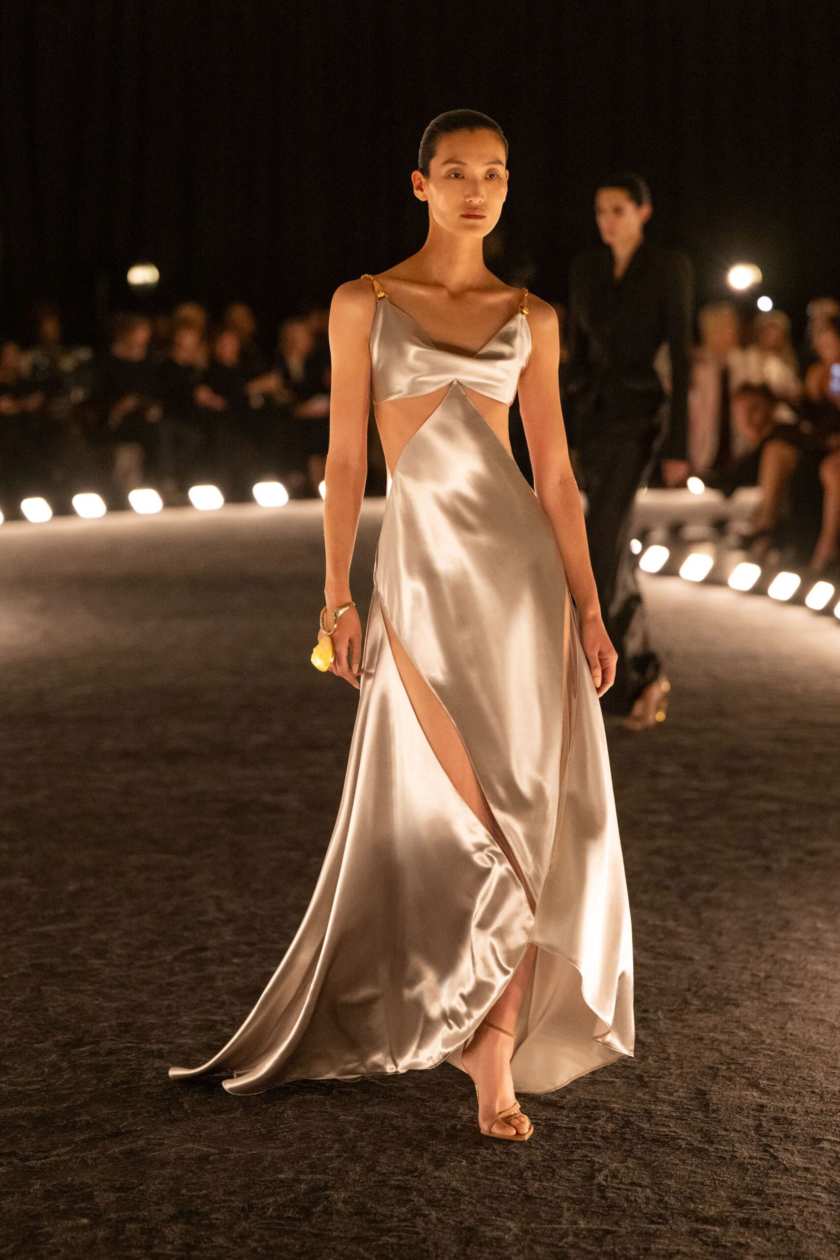 gray silk sleeveless v-neck fitted draped shiny gown