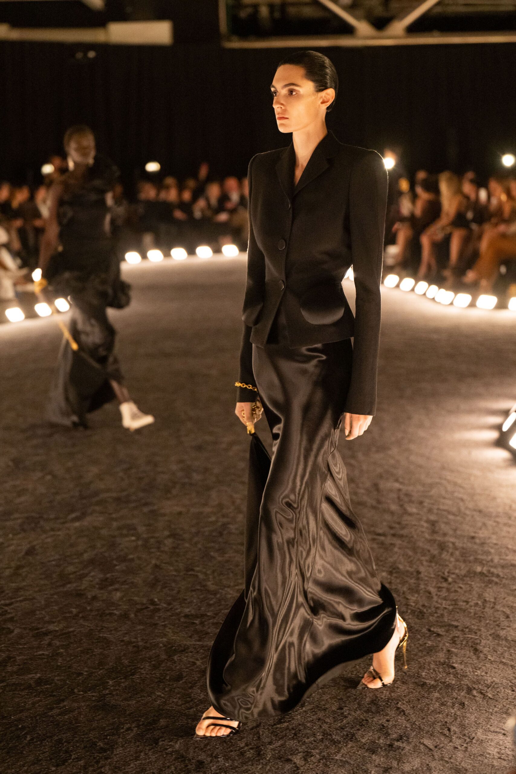 black silk fitted flared flowing maxi skirt